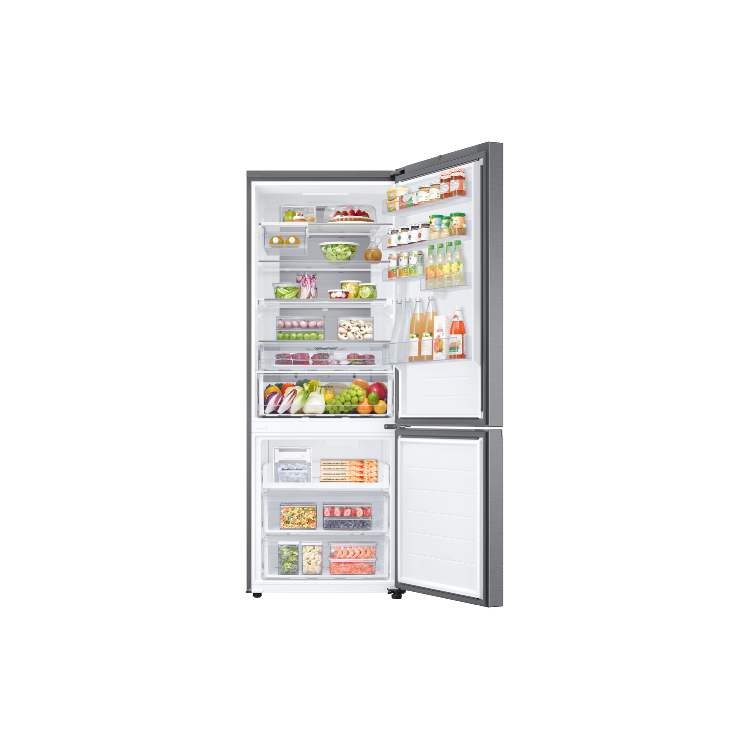 Refrigerator open, showing shelves with food and drawers.