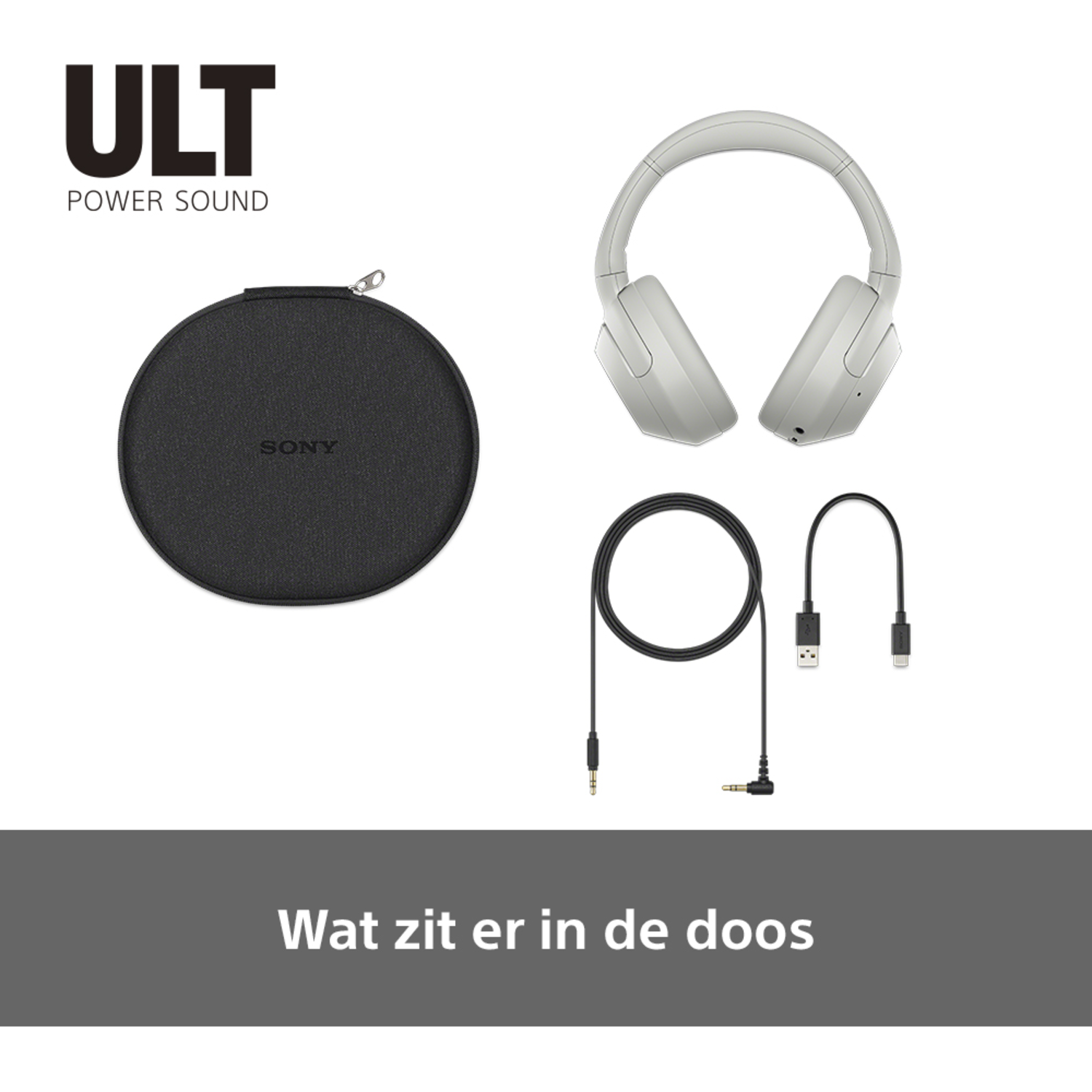 A white Sony speaker and accessories. The accessories include a black case, a black cable and a headphone.