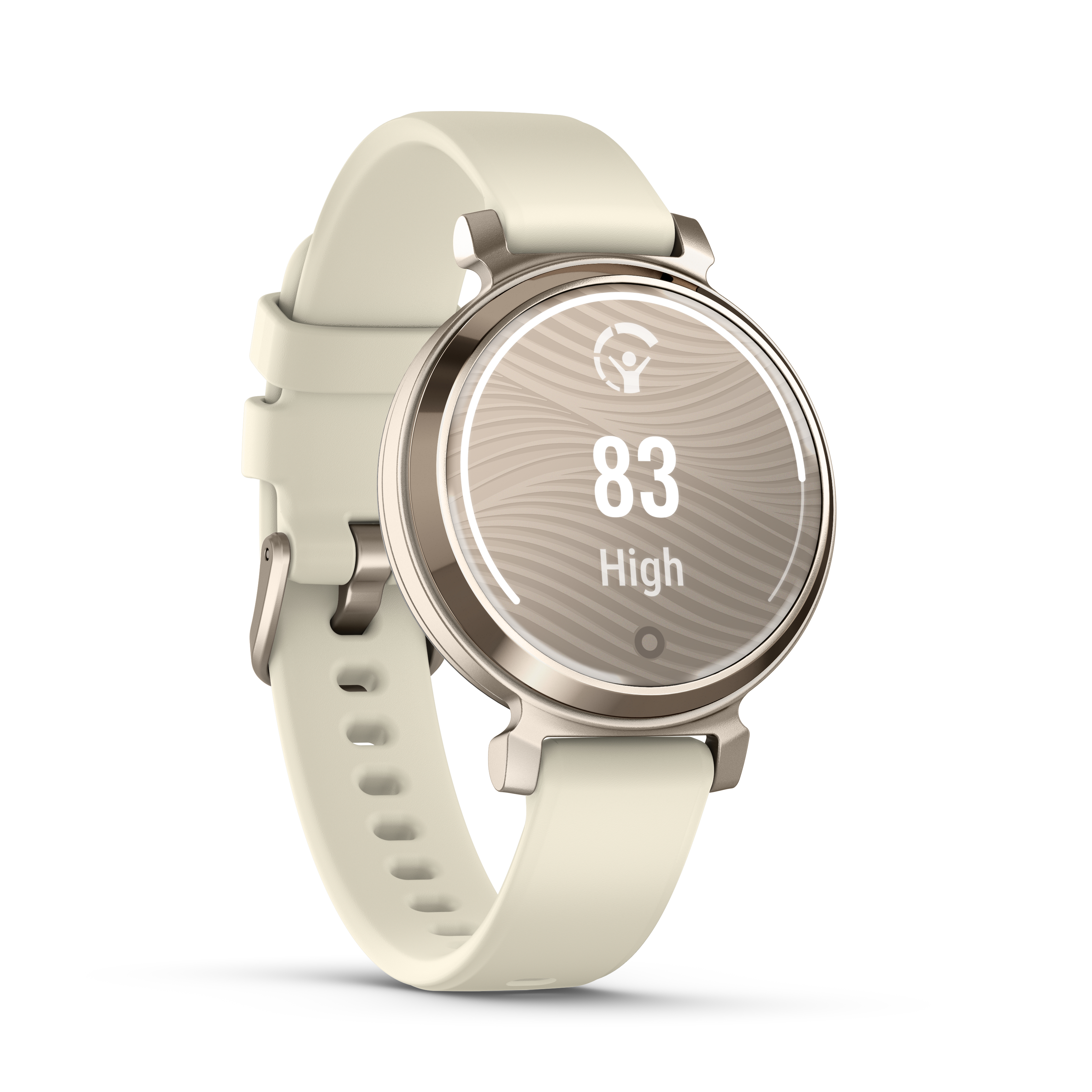 Cremefarbene Smartwatch mit goldfarbener Lünette und weißem Armband.