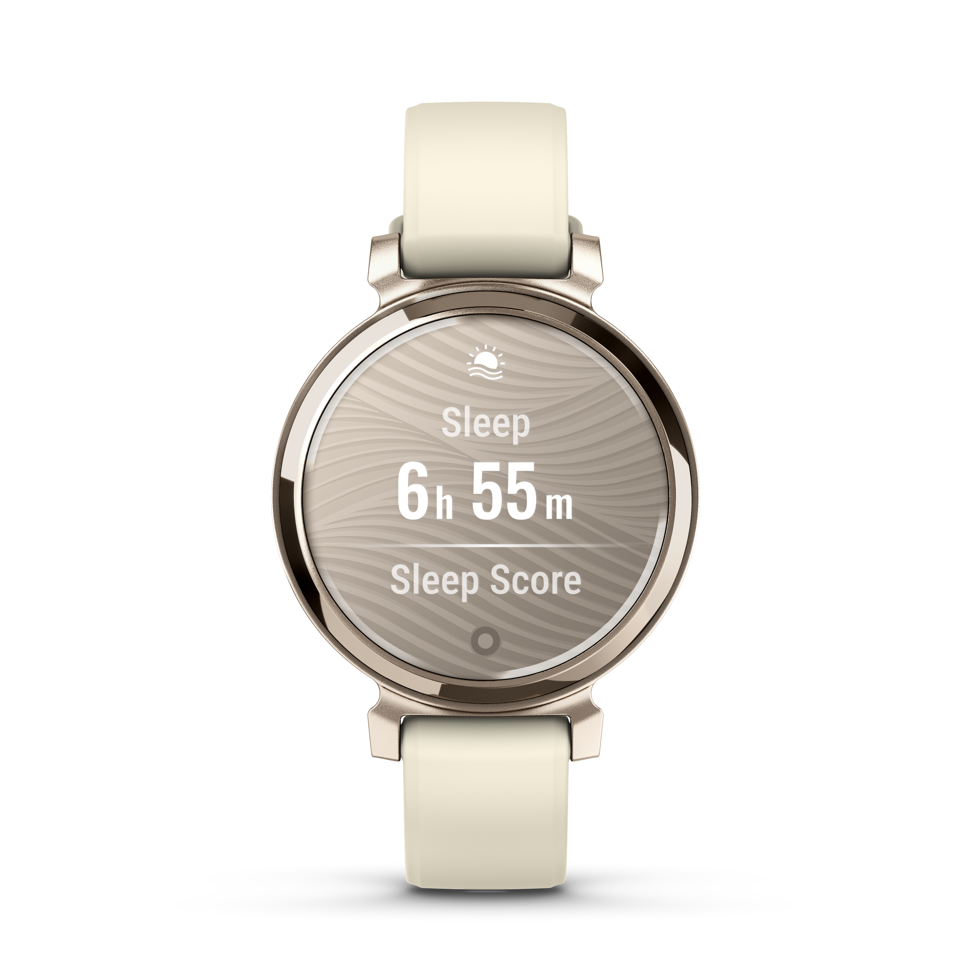 Smartwatch, das Schlafdaten anzeigt: 6h 55m Schlaf, Schlafwert und Schlafsymbol.