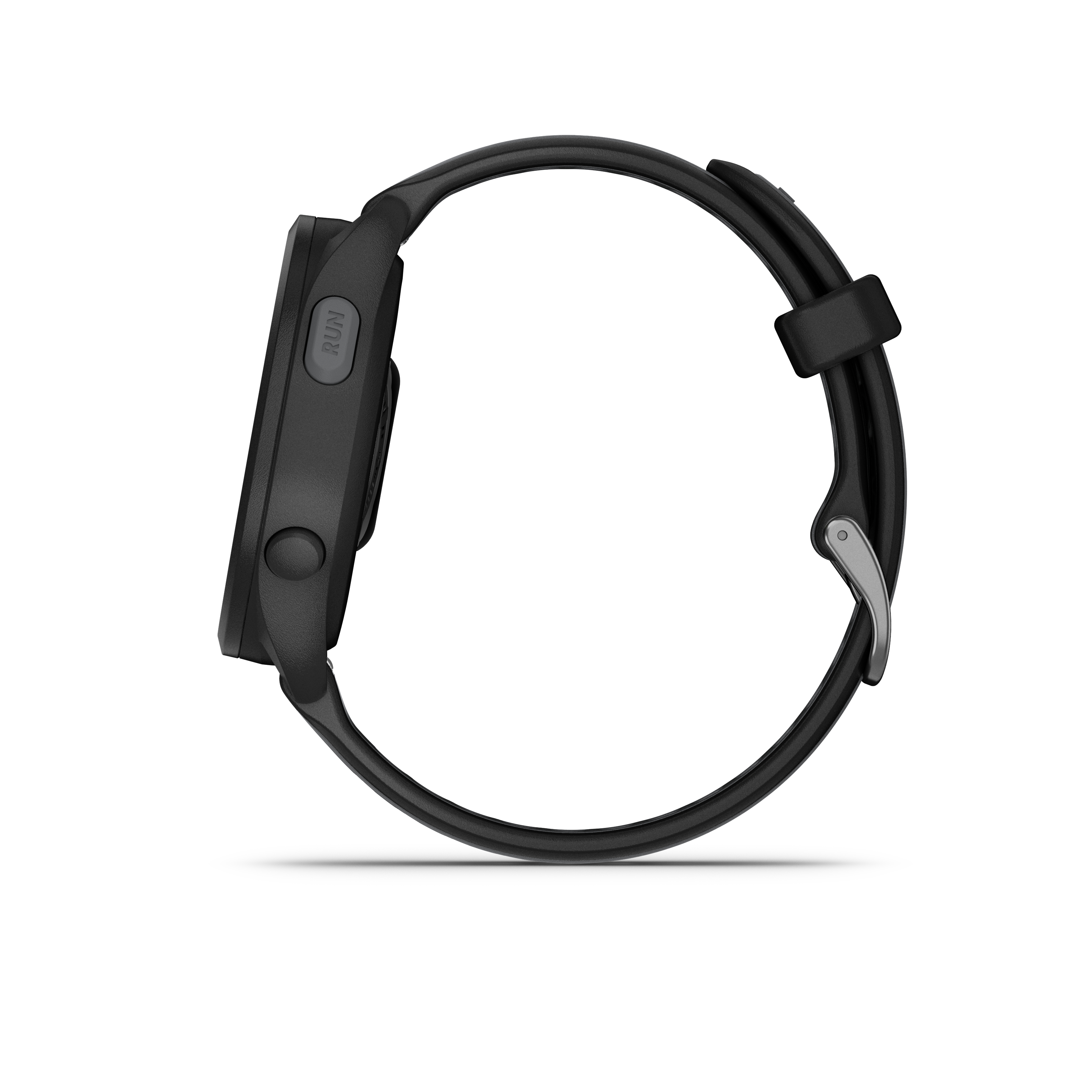 Schwarze Garmin Smartwatch, Seitenansicht, zeigt das Zifferblatt, die Knöpfe und ein schwarzes Armband.