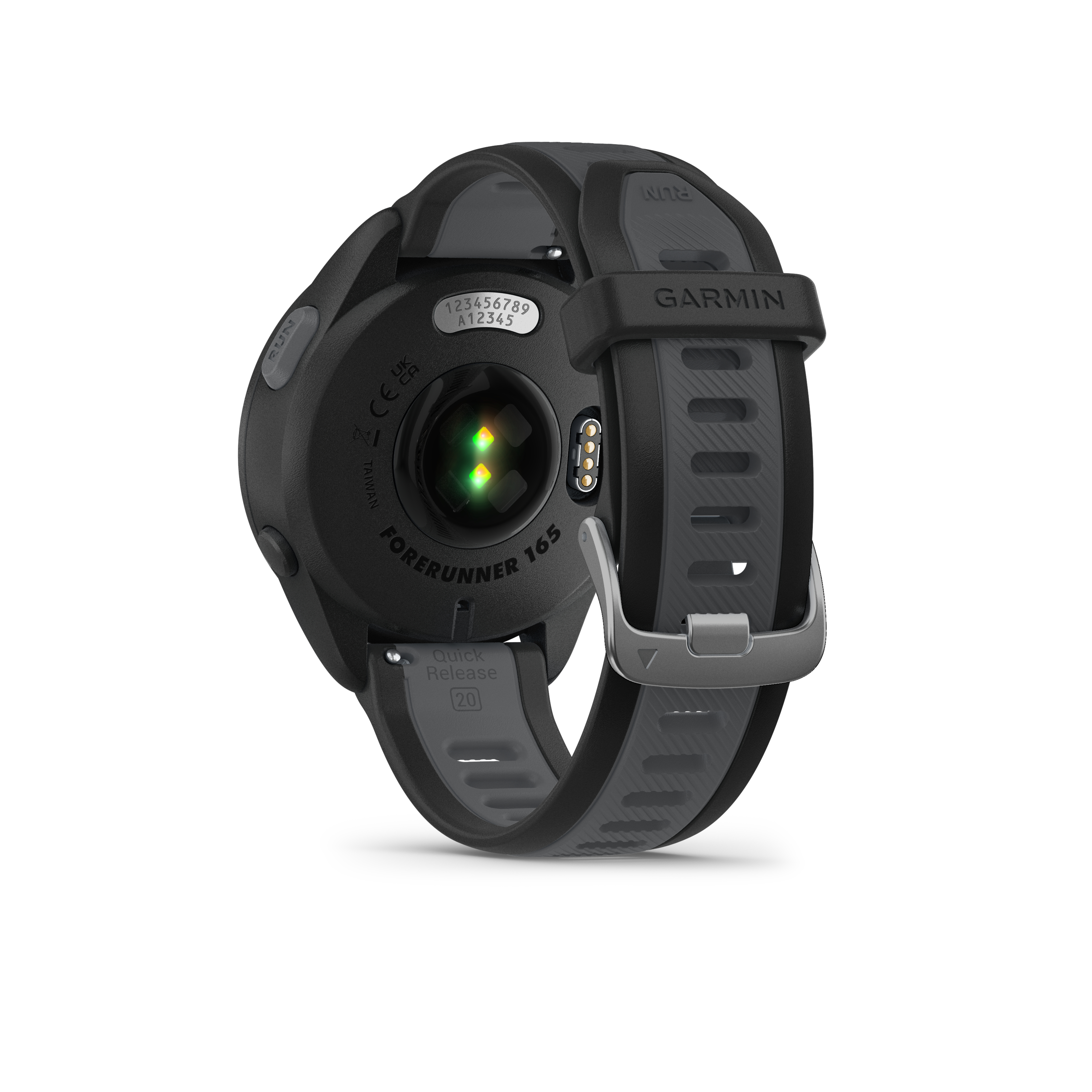 Schwarze Garmin-Uhr, Rückseite mit Sensoren und Armband.
