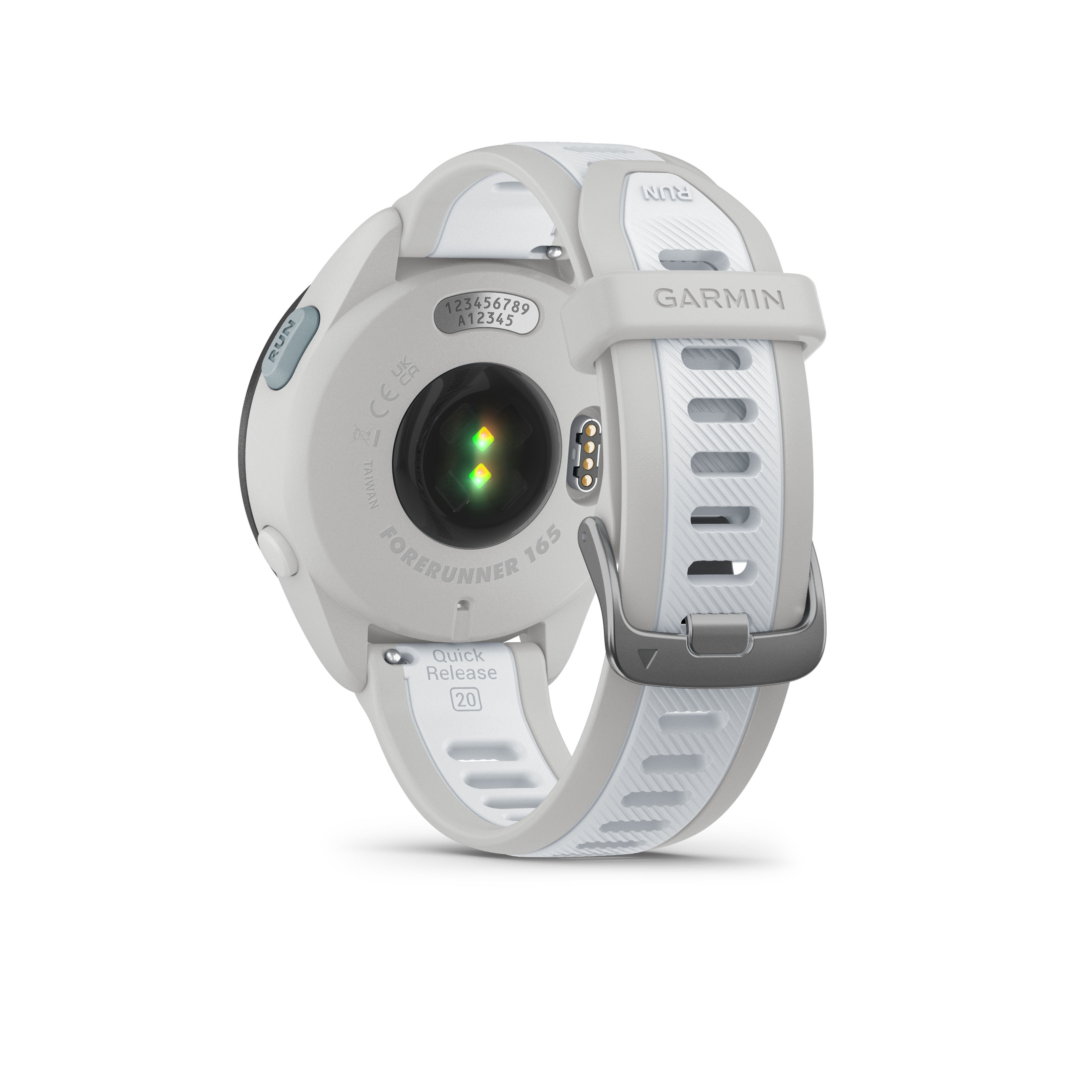 Rückansicht einer Garmin Forerunner 165 Uhr mit hellgrauem Armband.