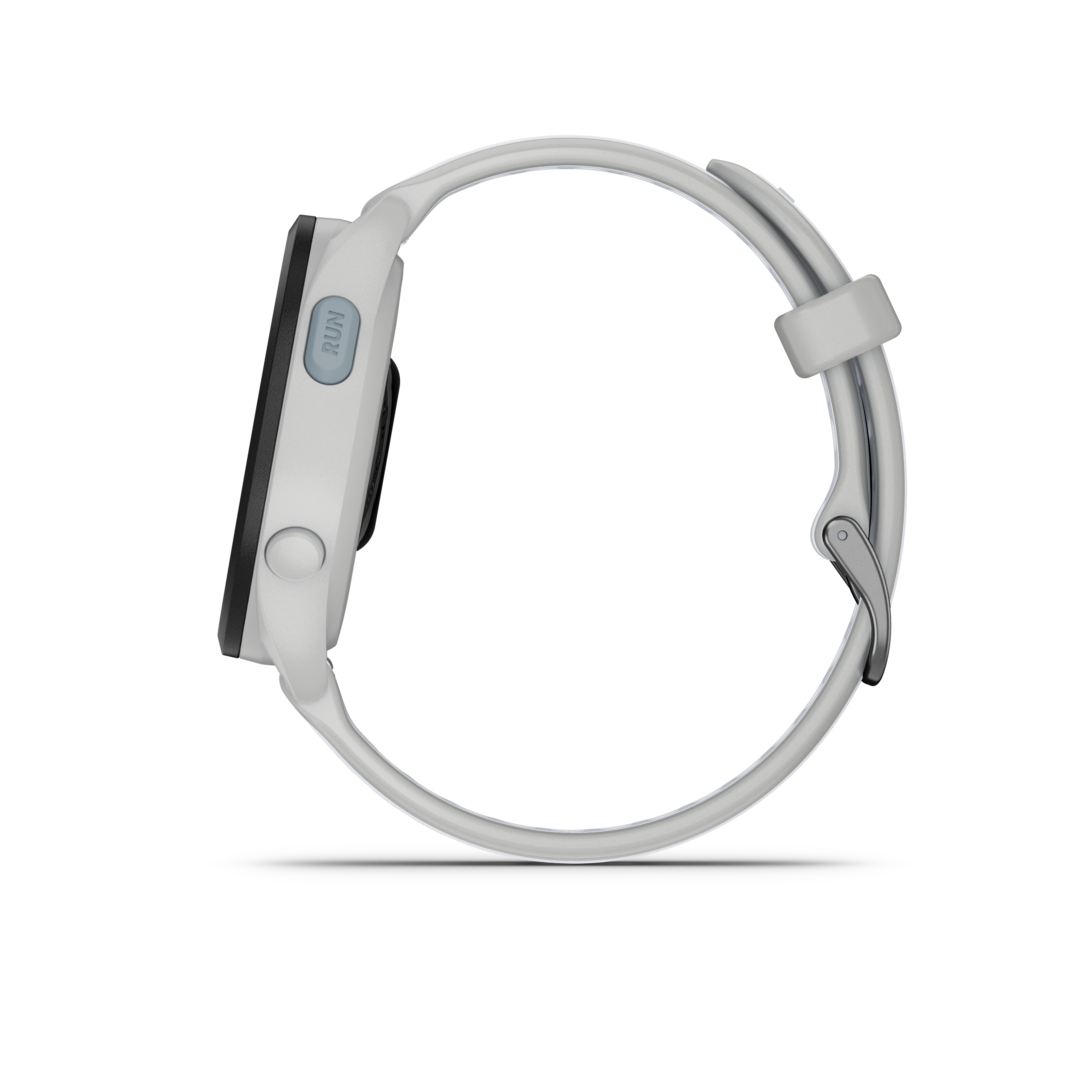 Graue Smartwatch mit schwarzem Bildschirm und grauem Armband vor weißem Hintergrund.