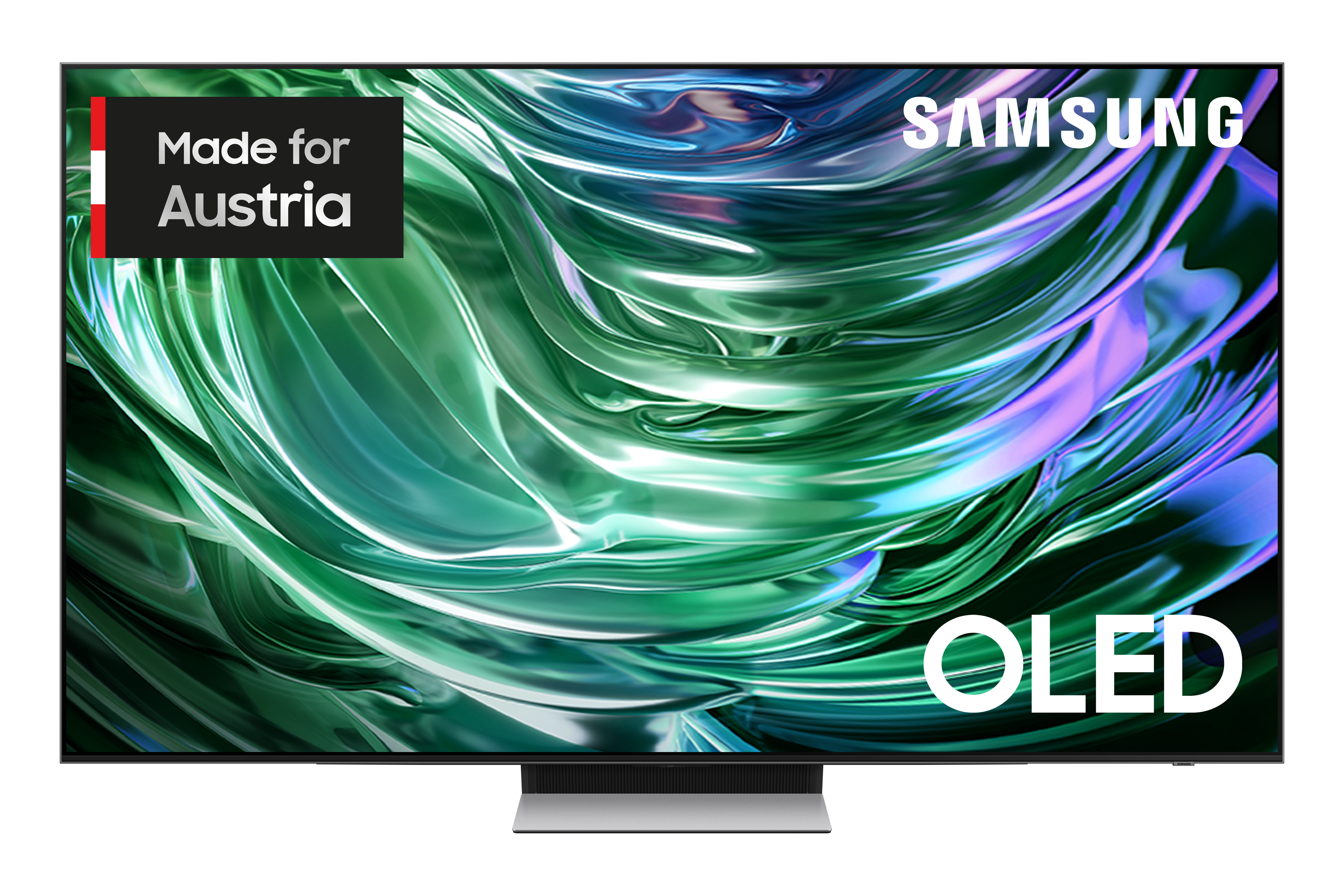 Ein großer Samsung OLED-Fernseher mit grünem und weißem Hintergrund.