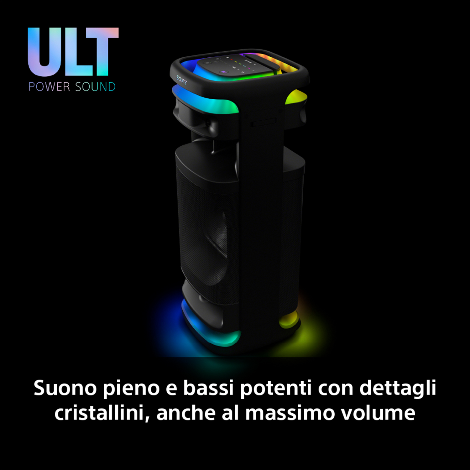 Altoparlante nero con luci colorate e testo 'Suono pieno e bassi potenti'.