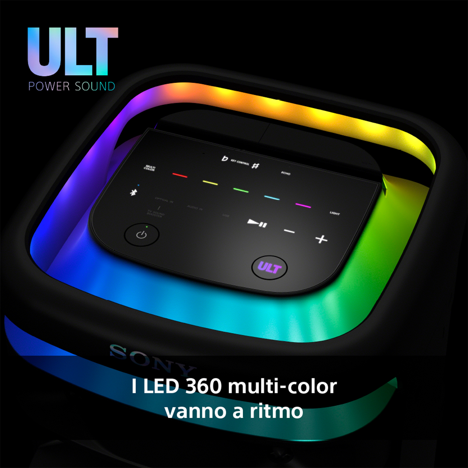 Altoparlante nero con luci colorate. Ha un pannello di controllo, e la parola "SONY" è visibile.