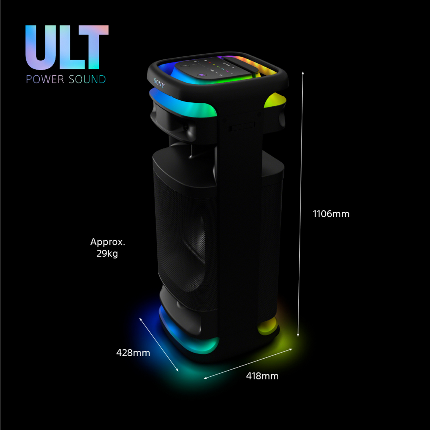 Altoparlante nero con misure, logo 'ULT POWER SOUND' e luci colorate alla base.