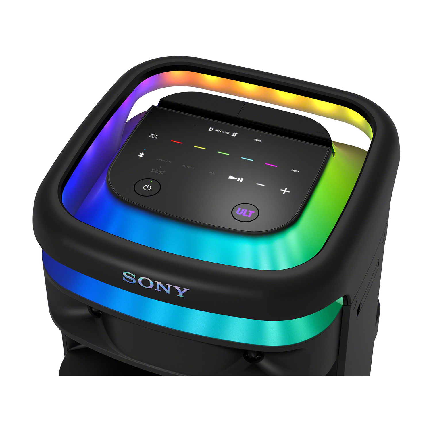 Un altoparlante Sony nero con un pannello di controllo. L'altoparlante ha luci colorate intorno alla parte superiore e alla base.