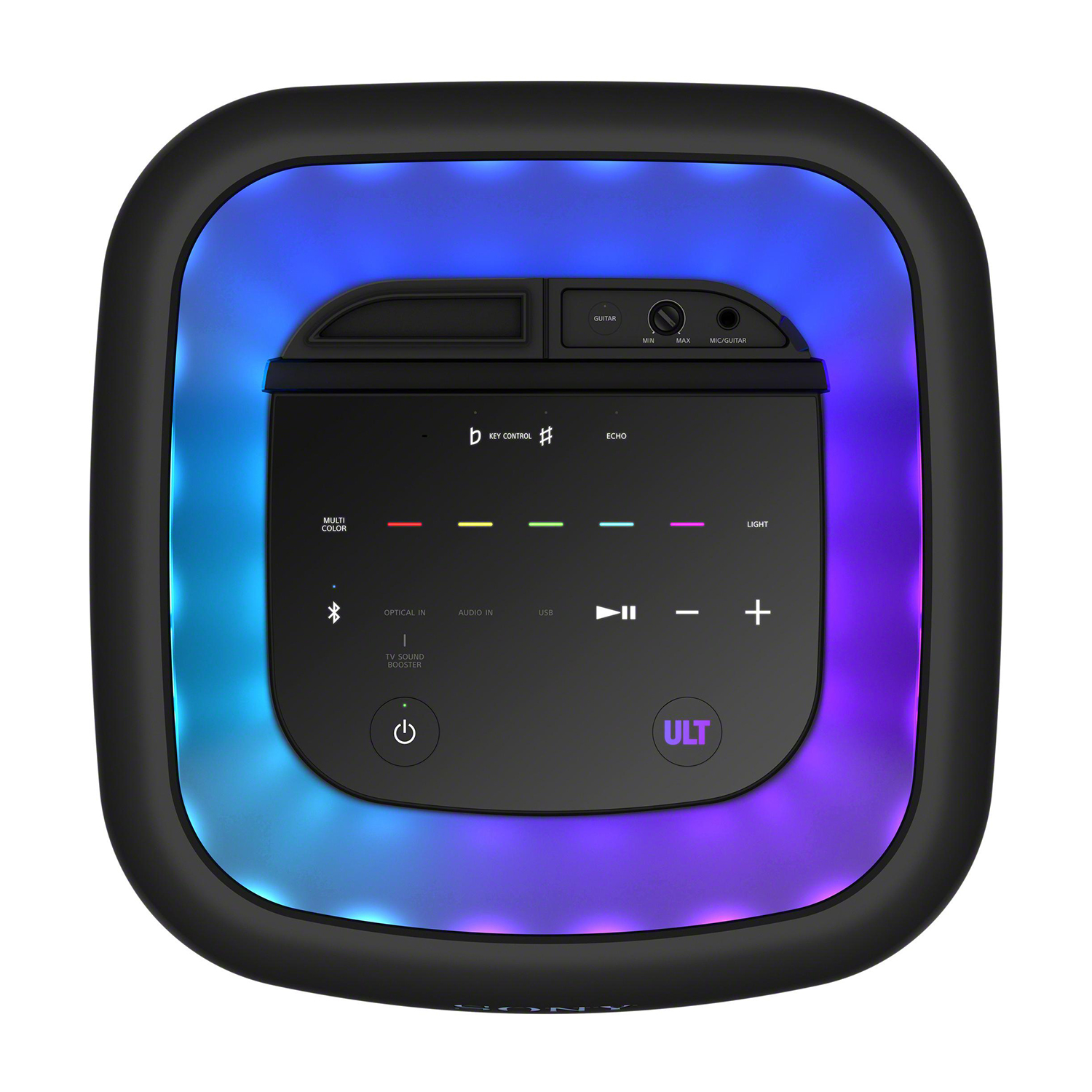 Un altoparlante nero con un display luminoso colorato e un pannello di controllo.