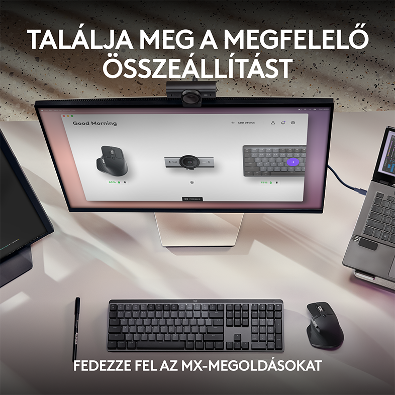Asztali beállítás monitorral, webkamerával, billentyűzettel és egérrel.