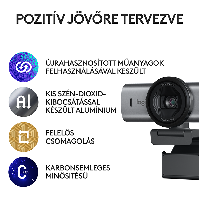 Logitech webkamera jellemzői: újrahasznosított anyagok, alacsony szén-dioxid-kibocsátású alumínium, karbonsemleges.