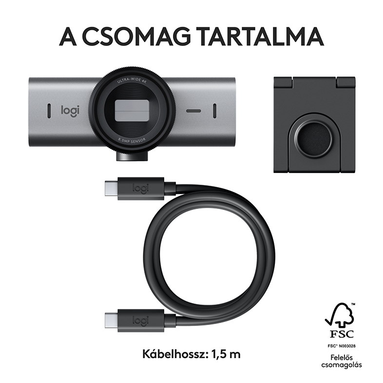 Felülnézetben egy webkamera, egy állvány és egy USB-kábel látható, mind szürke színben.