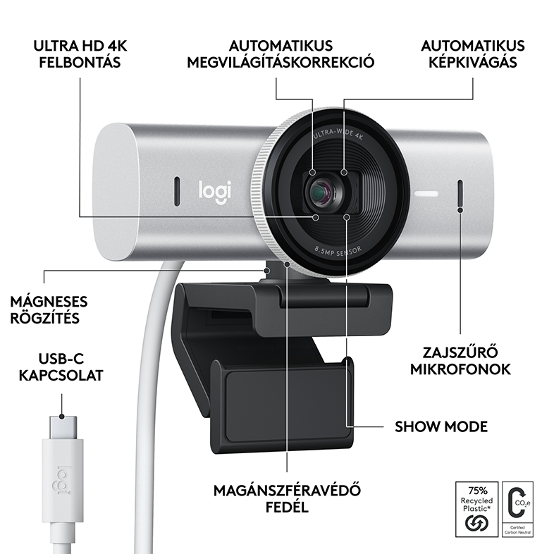 Egy ezüst webkamera funkciókkal és USB-C porttal.