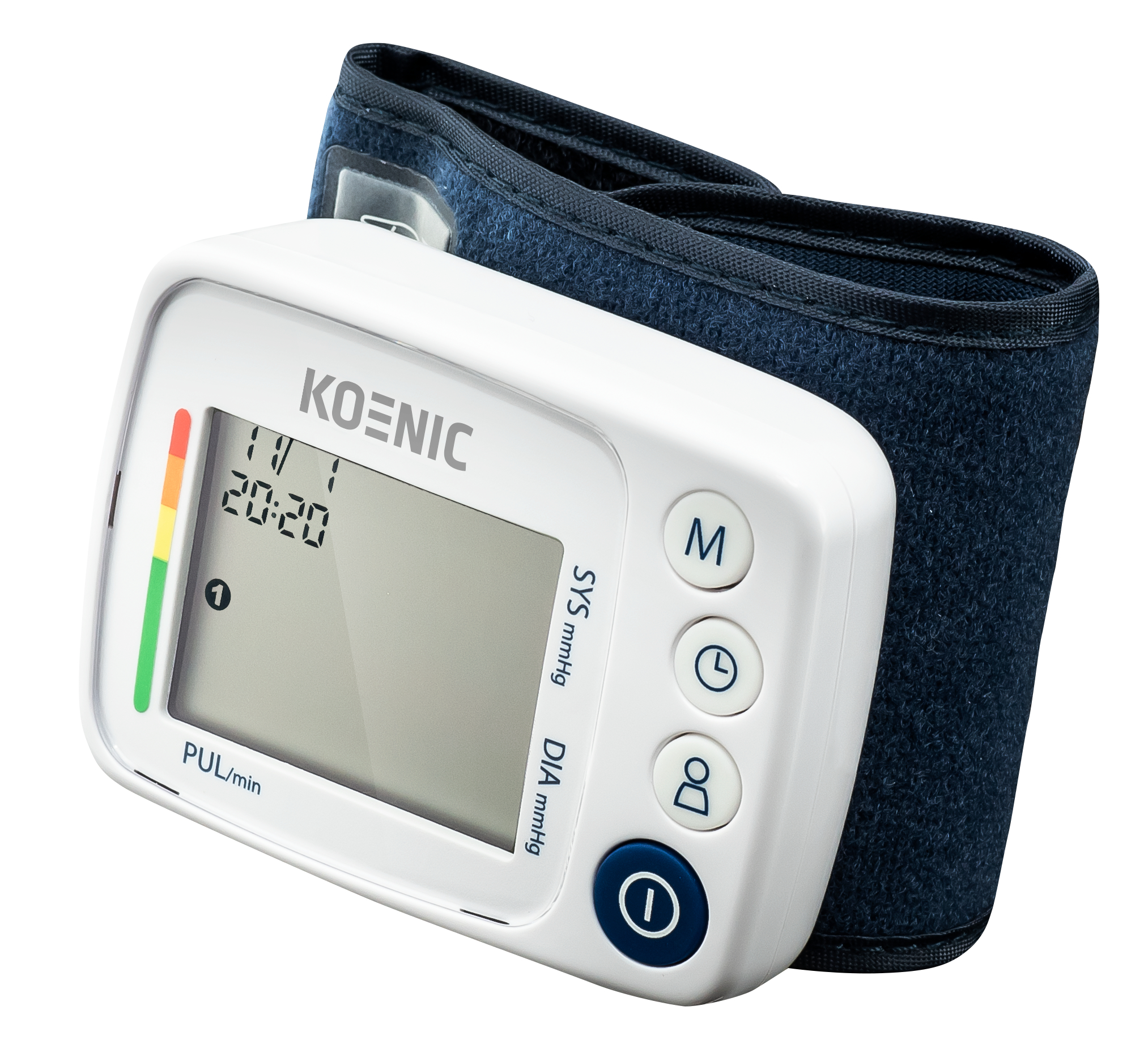 Weißes Koenic Blutdruckmessgerät mit marineblauem Armband, Zeit und Messwerte anzeigend.