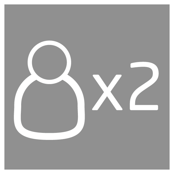 Eine weiß-graue Illustration von zwei Personen mit dem Text 'x2'.