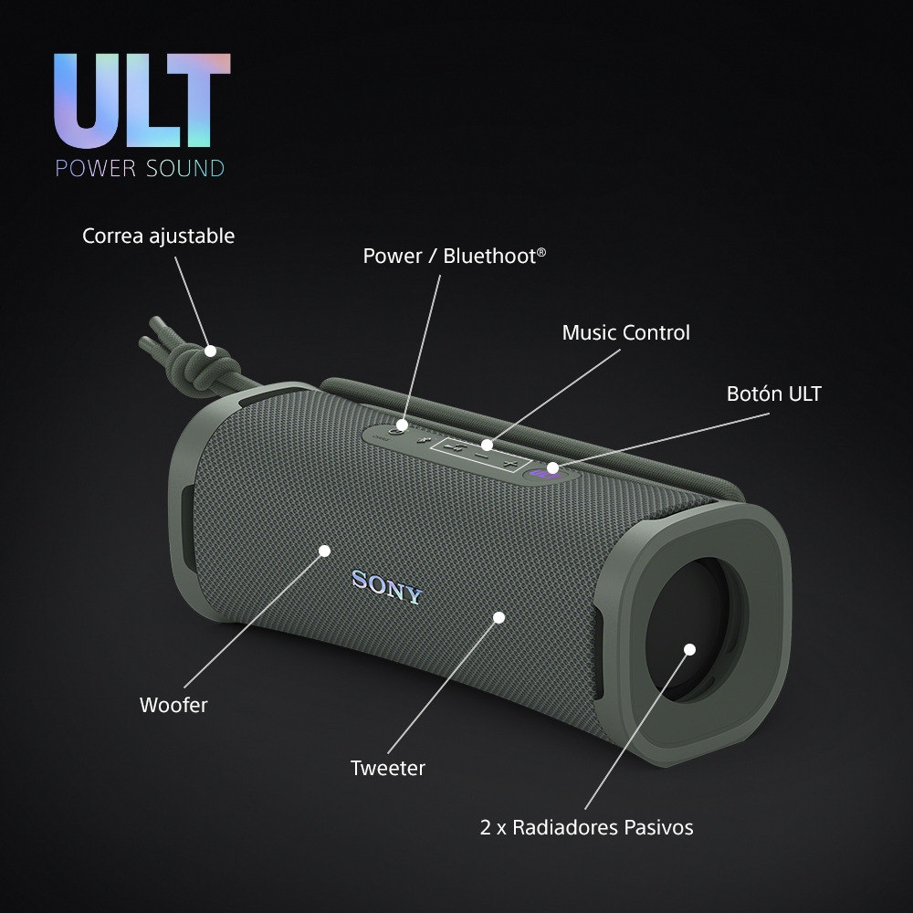 Altavoz Sony verde. Características: correa ajustable, control de música, woofer y tweeter.
