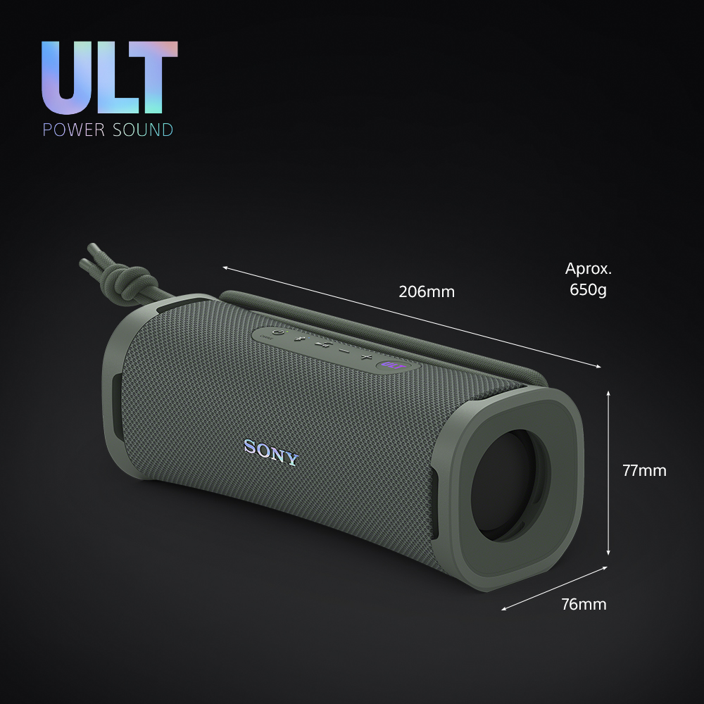 Altavoz Sony verde con dimensiones etiquetadas, incluyendo 206 mm, 77 mm y 76 mm, sobre fondo oscuro.