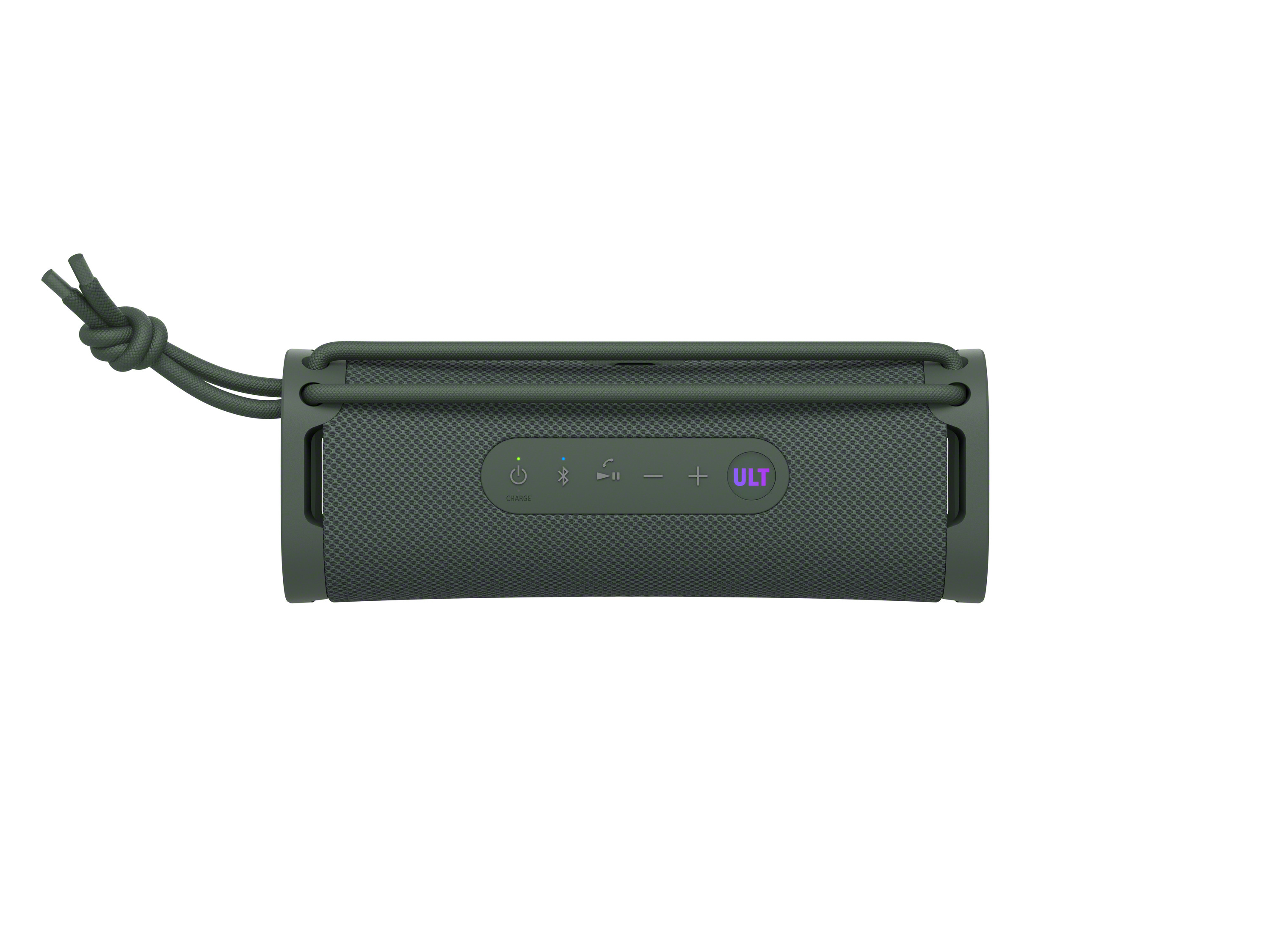 Altavoz verde oscuro con controles y cable colgante.
