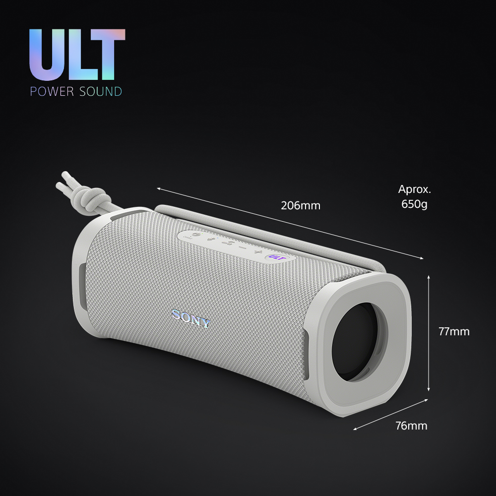 Altavoz portátil gris con la palabra 'SONY' y dimensiones.