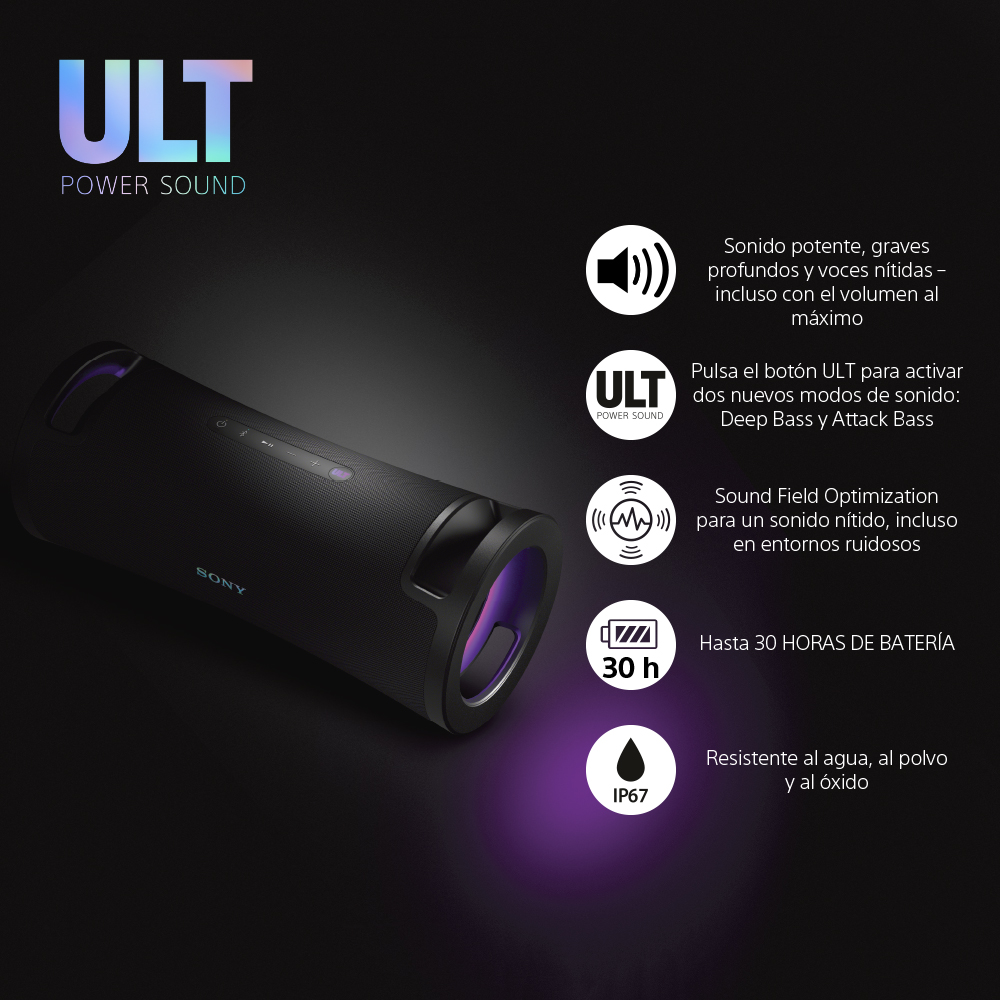 Altavoz negro con detalles morados. Texto describe funciones como bajos profundos.