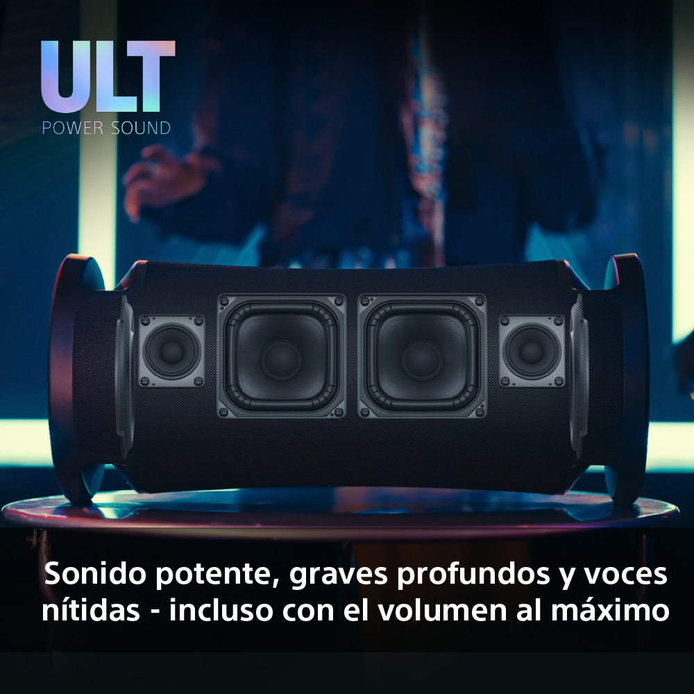 Altavoz negro con múltiples altavoces, con texto sobre sonido.