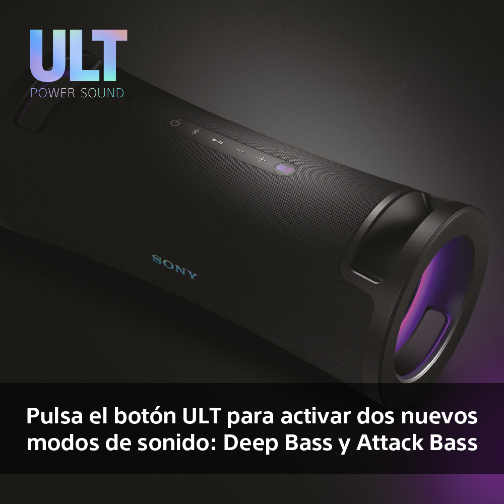 Un altavoz Sony negro. El altavoz tiene botones y luces. El fondo es oscuro.