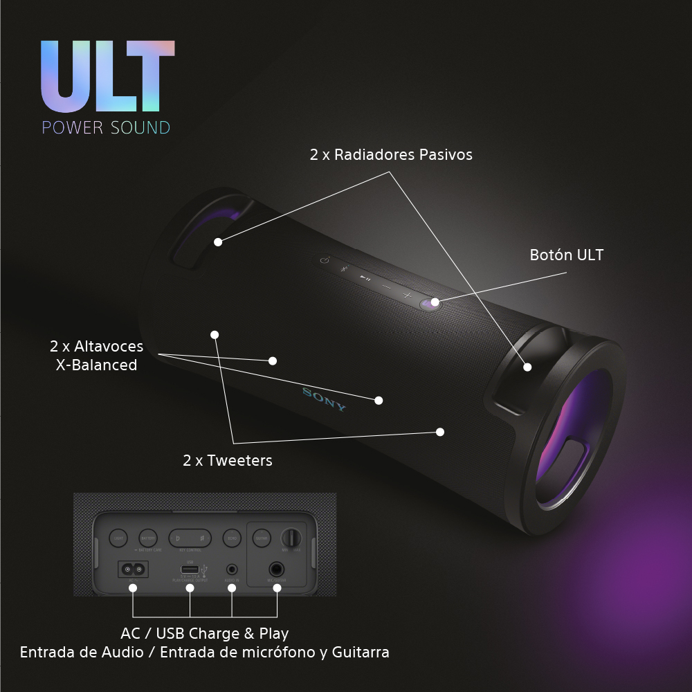 Primer plano del altavoz negro Sony con etiquetas como 'SONY' y 'ULT POWER SOUND'.