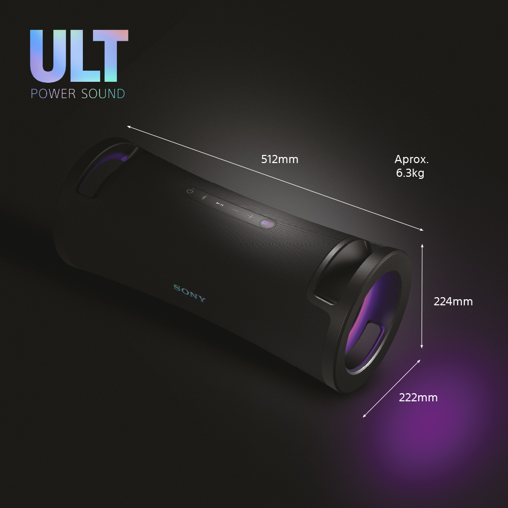 Un altavoz SONY negro con dimensiones mostradas sobre un fondo oscuro.