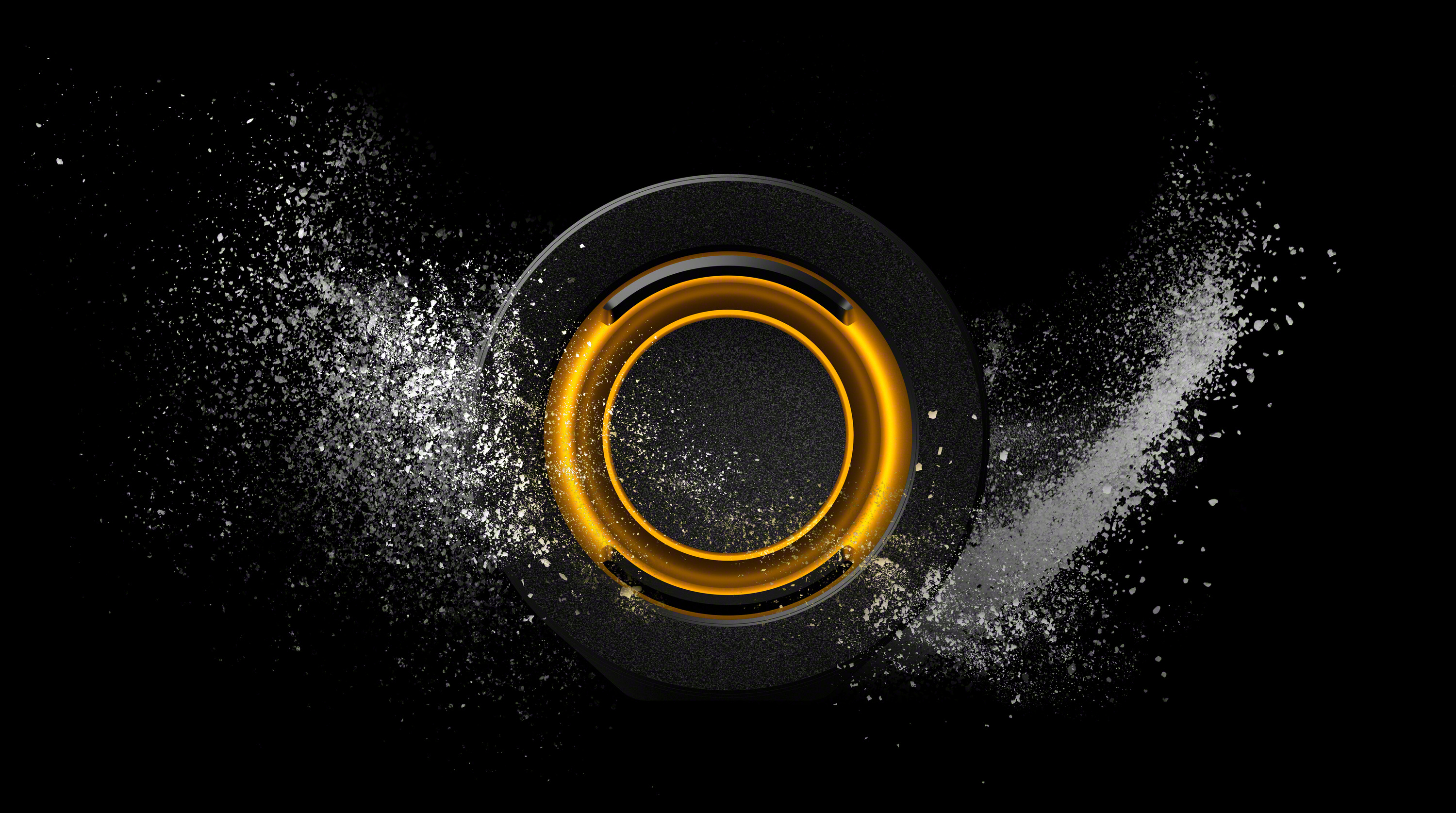 Imagen abstracta de un círculo negro con un anillo naranja brillante. Partículas blancas alrededor.