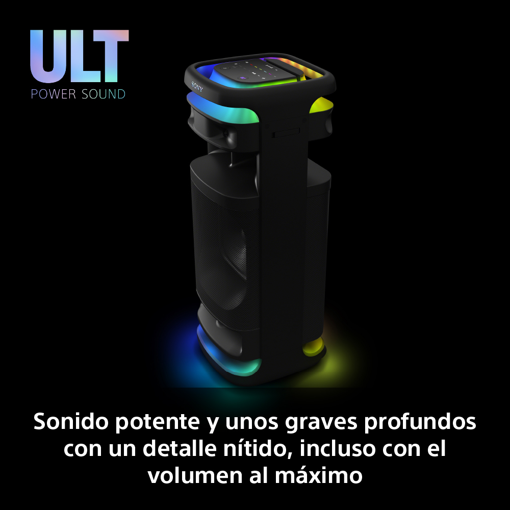 Altavoz negro con luces de colores, imagen del producto.