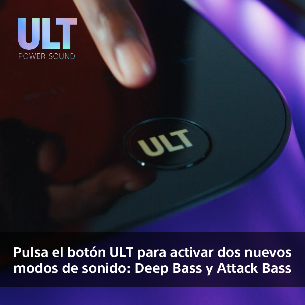 Dedo toca botón 'ULT' en altavoz negro. Texto: Deep Bass & Attack Bass.