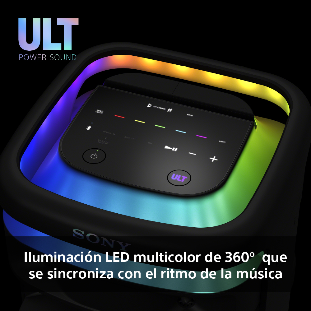 Altavoz negro con luces LED de colores. Tiene un panel de control y la palabra ULT.