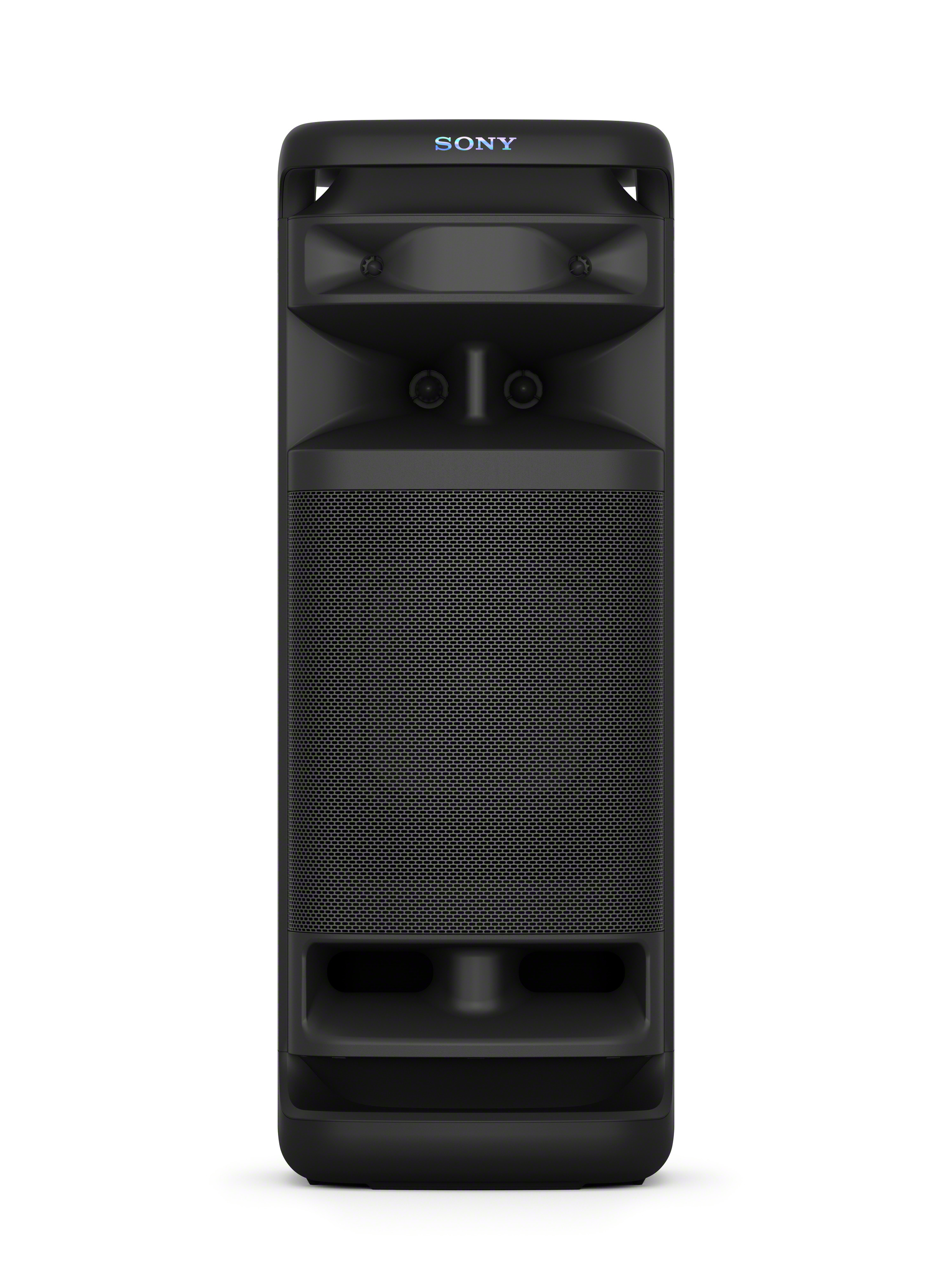 Altavoz negro con diseño sencillo. Tiene una parte frontal de malla y el logo de Sony.