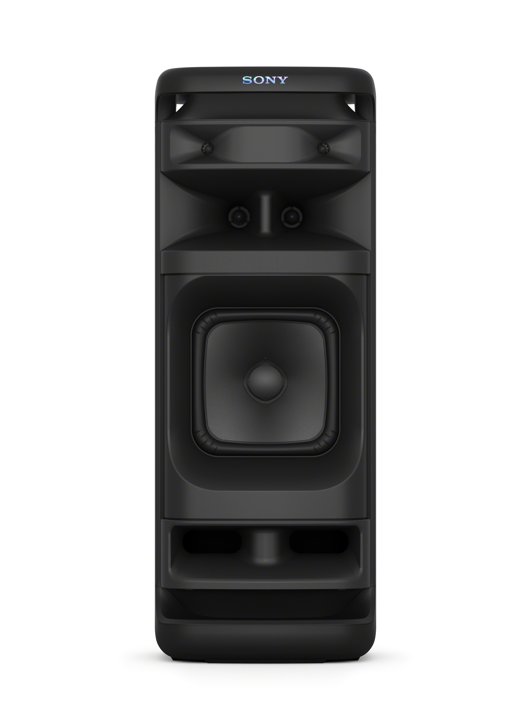 Altavoz negro con superficie de malla, un altavoz central grande y dos más pequeños.