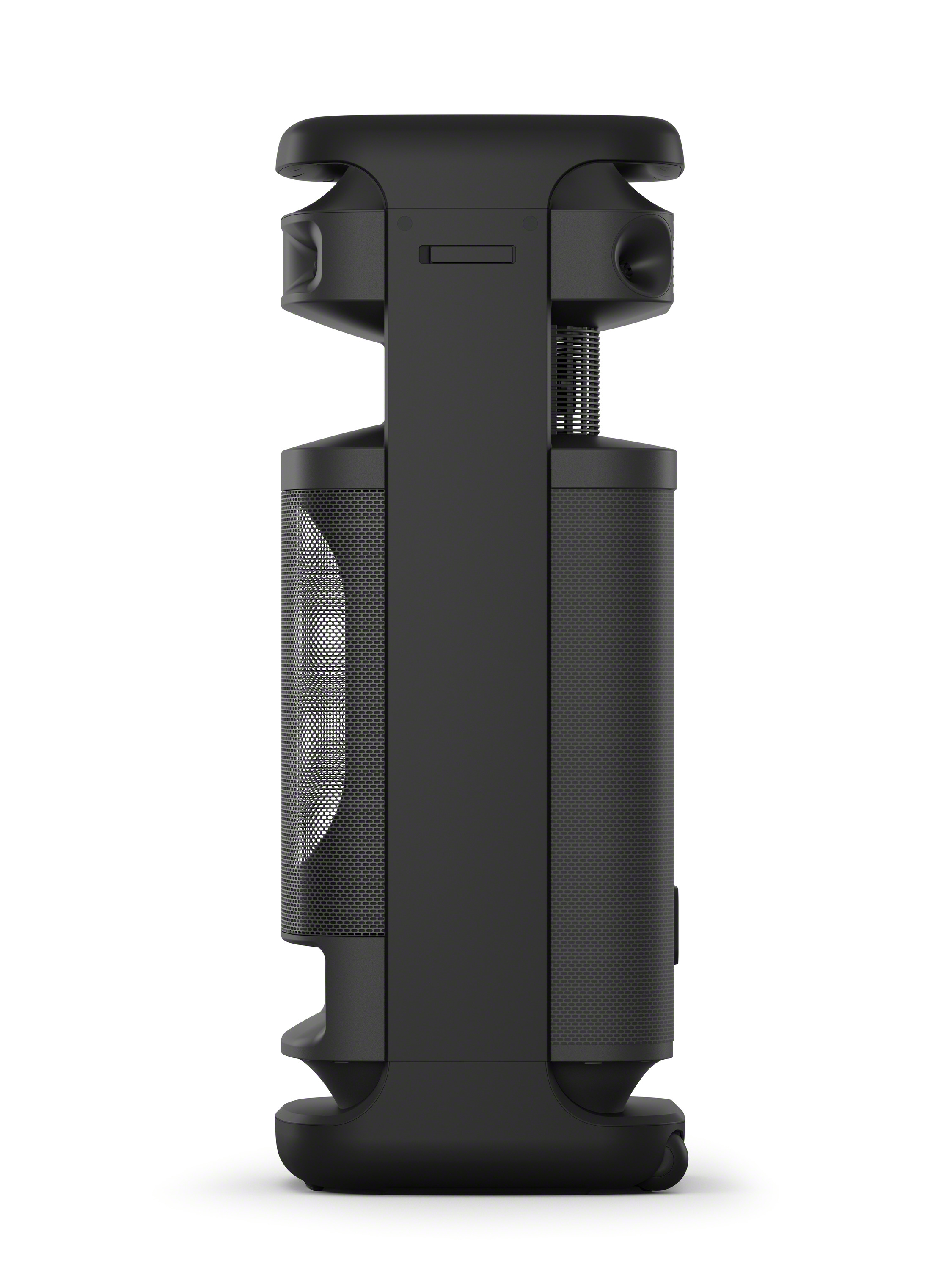 Un altavoz Sony negro desde un lado, con una rejilla de malla y un asa grande.