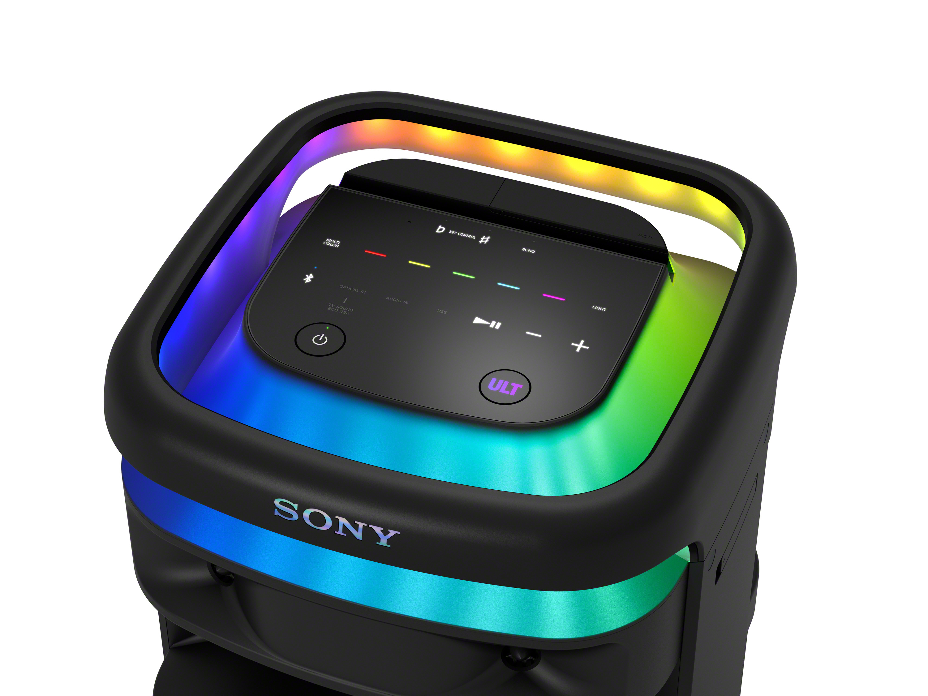 Altavoz negro con luces de colores. Tiene botones de control y el logo de Sony.