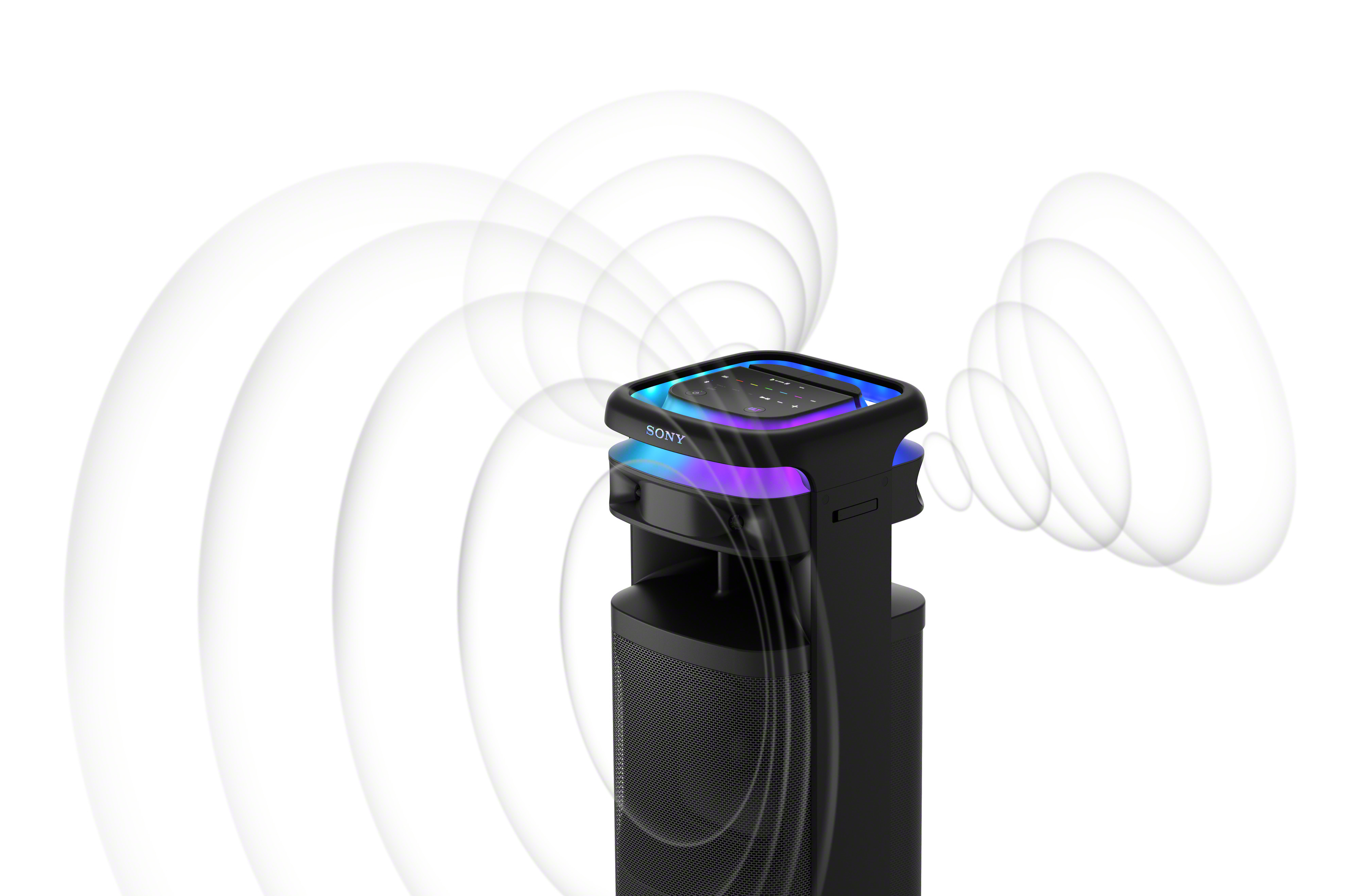 Un altavoz negro y gris emite ondas de sonido sobre un fondo blanco.