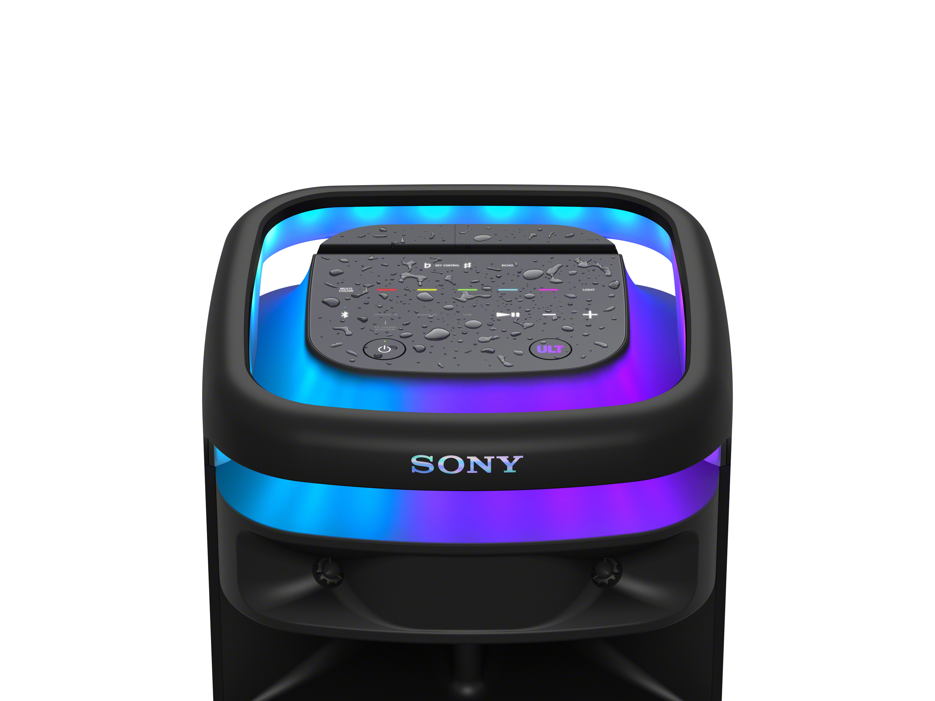 Altavoz negro con luces de colores y botones.