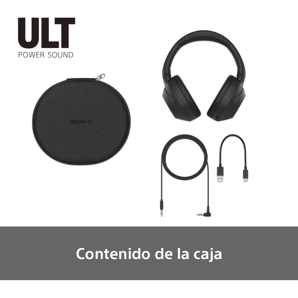 Un altavoz, auriculares y cables de carga Sony negros en un estuche.