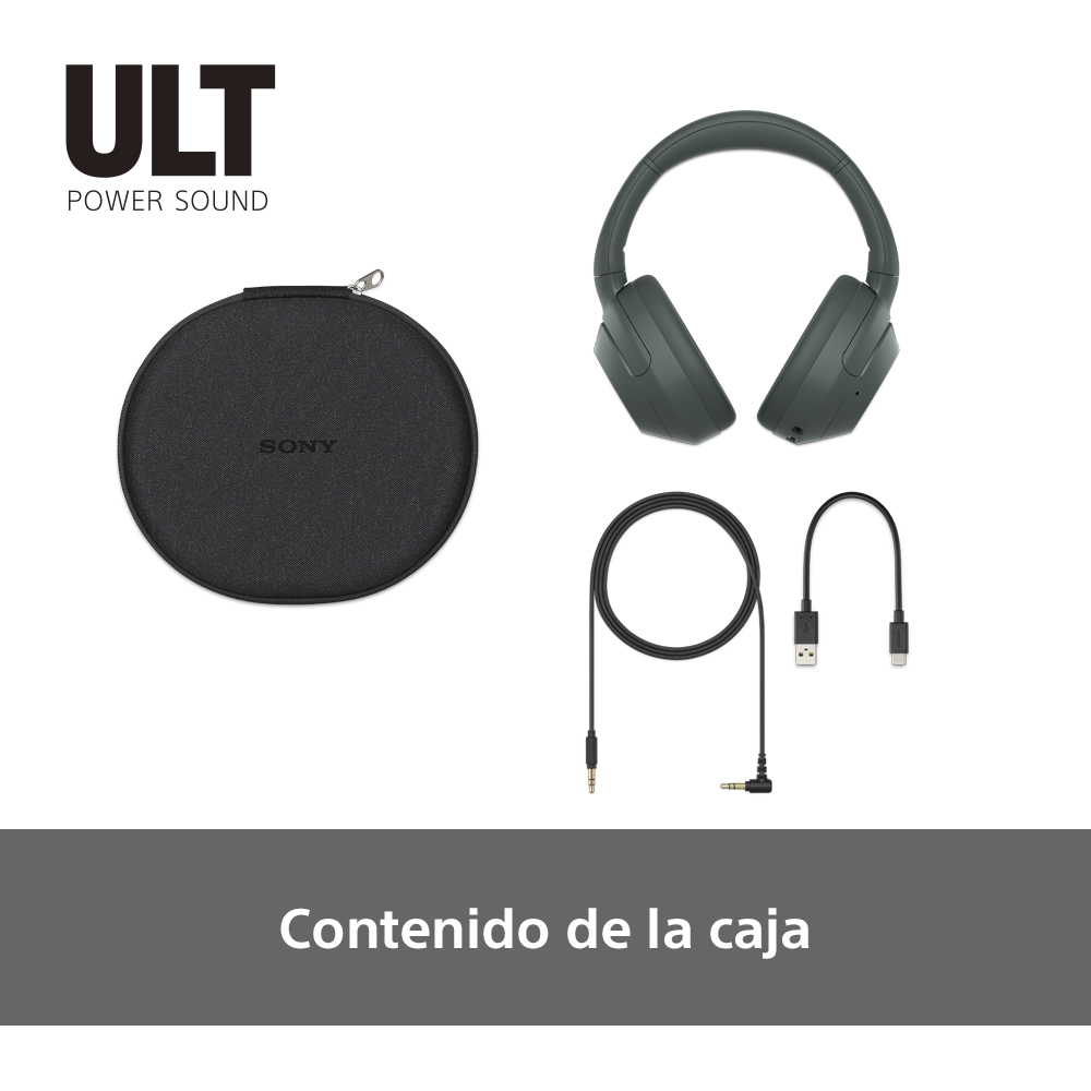 Auriculares, estuche y cables en la caja. Texto 'Contenido de la caja'.