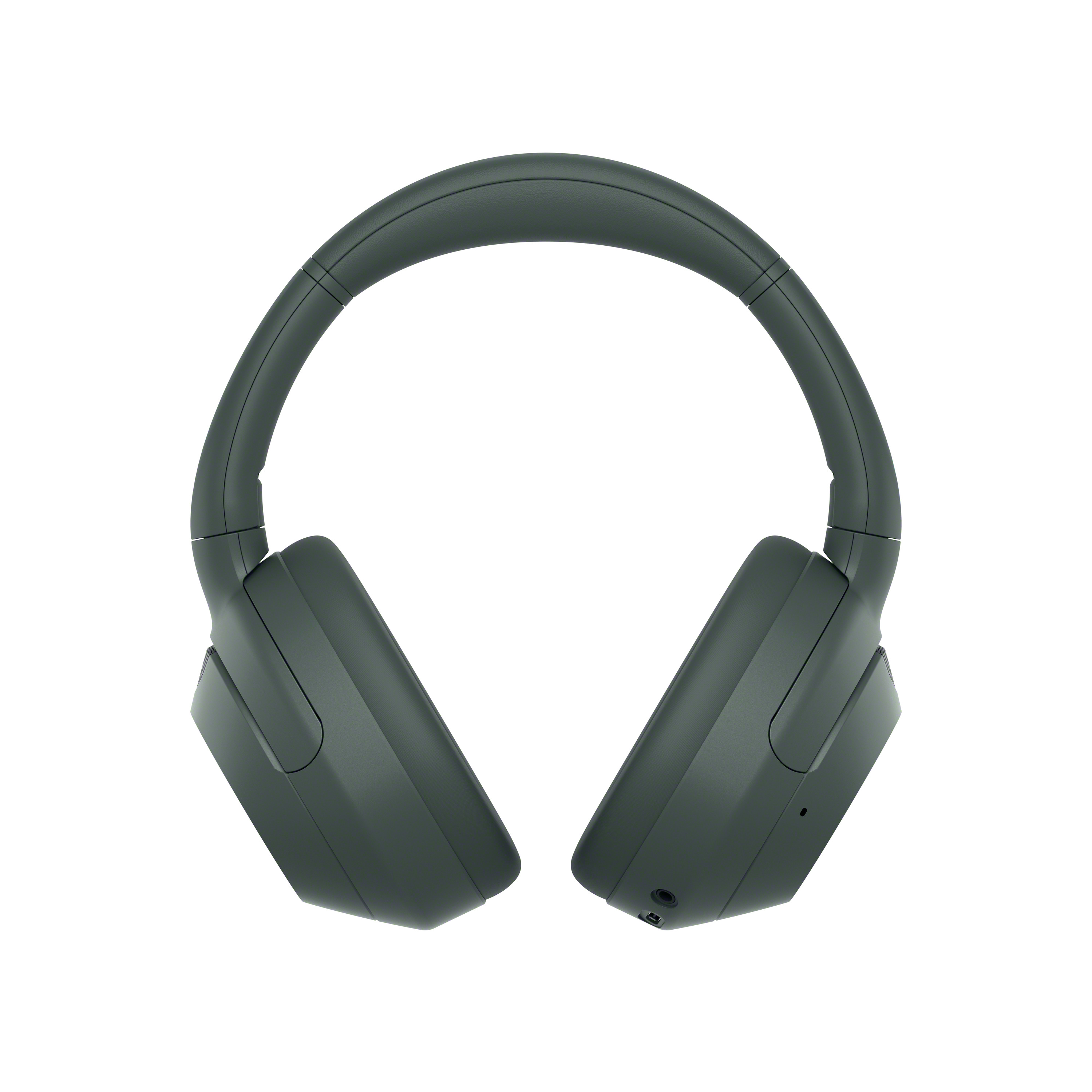 Auriculares grises, primer plano frontal. El diseño es simple, con un acabado liso.
