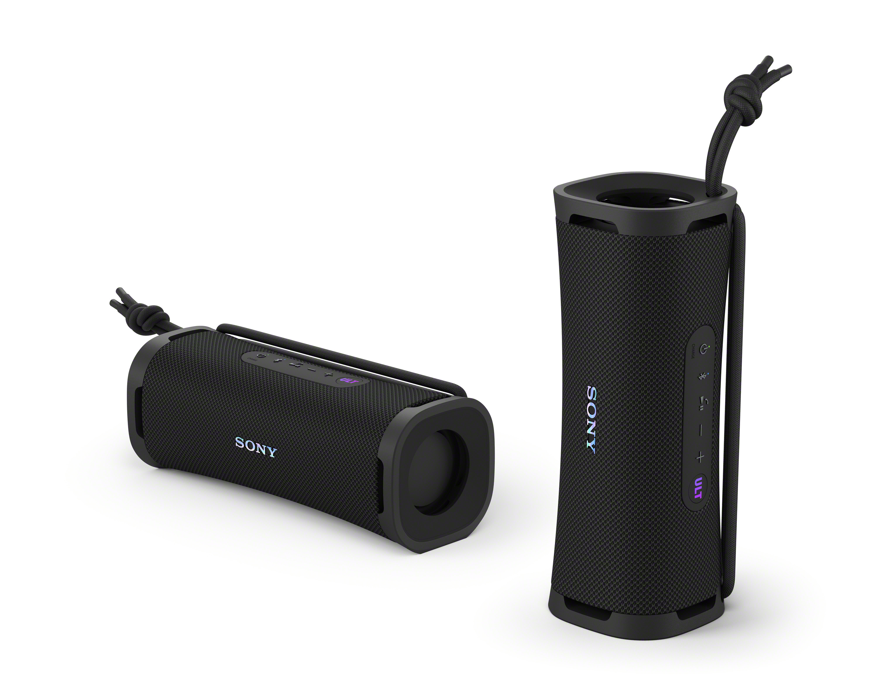 Dos altavoces Sony ULT negros, vista lateral.