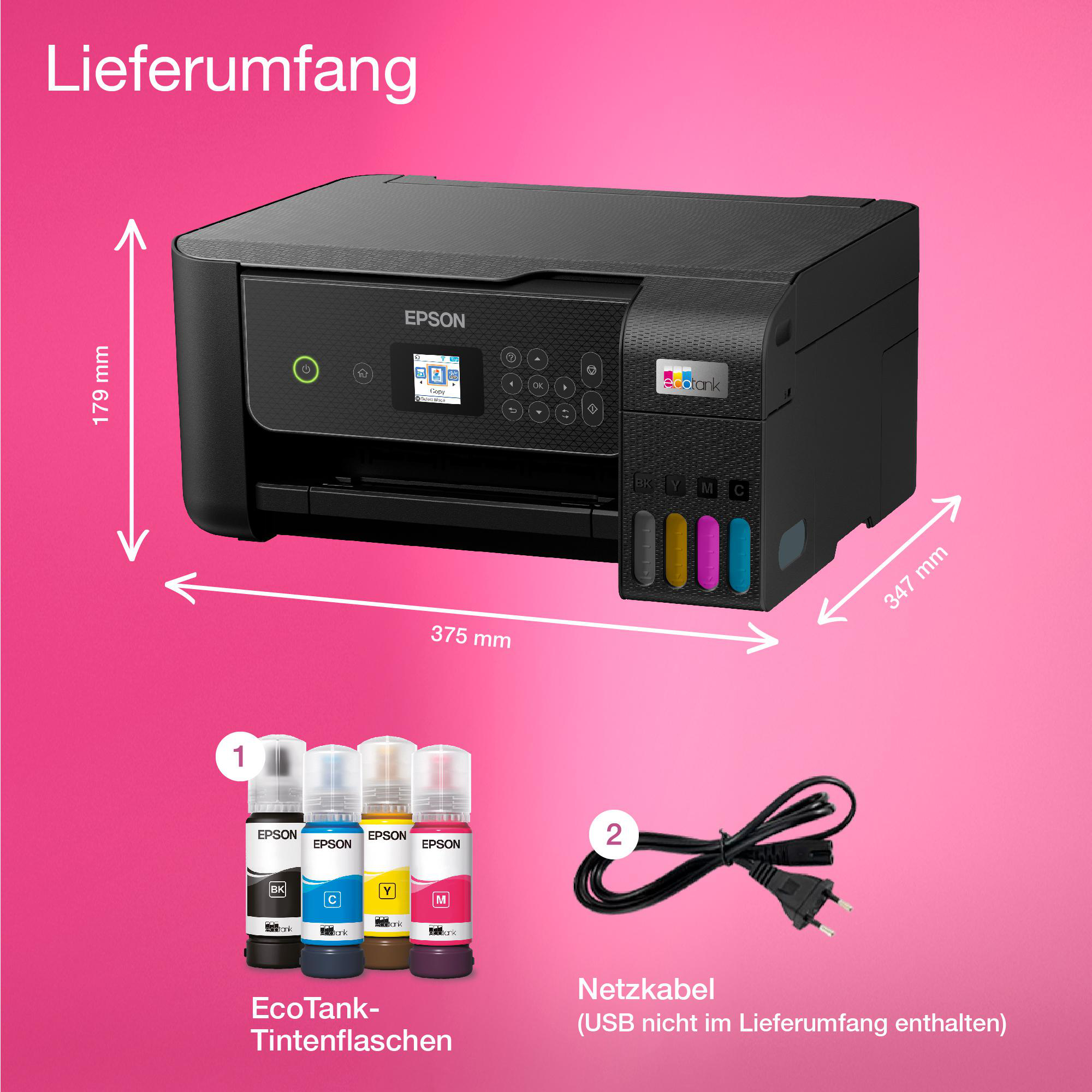 Epson-Drucker mit Zubehör. Weißer Hintergrund mit Abmessungen und Text.