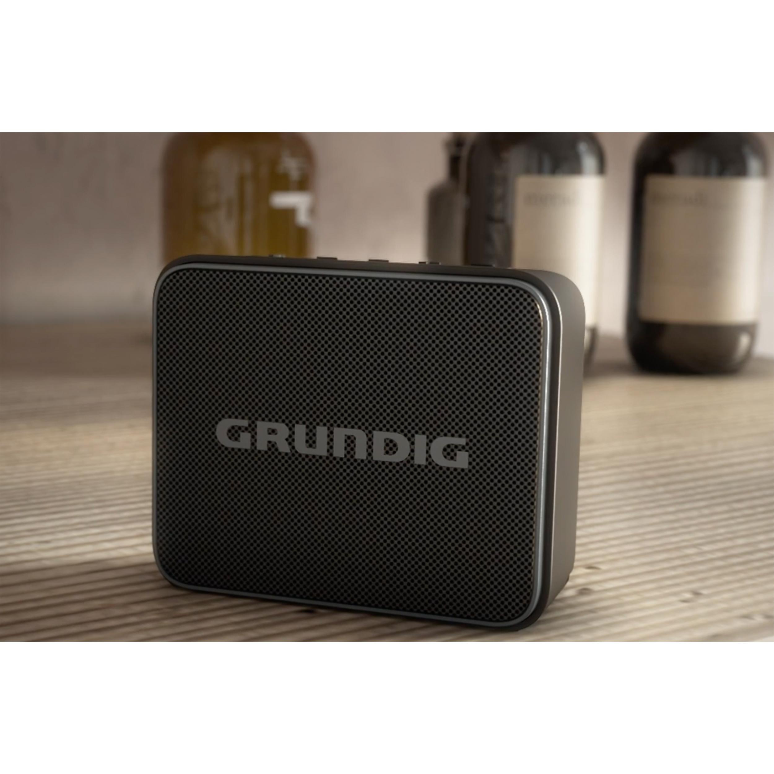 Schwarzer und silberner Grundig-Lautsprecher mit schwarzer Gitterfront, auf Holz platziert.