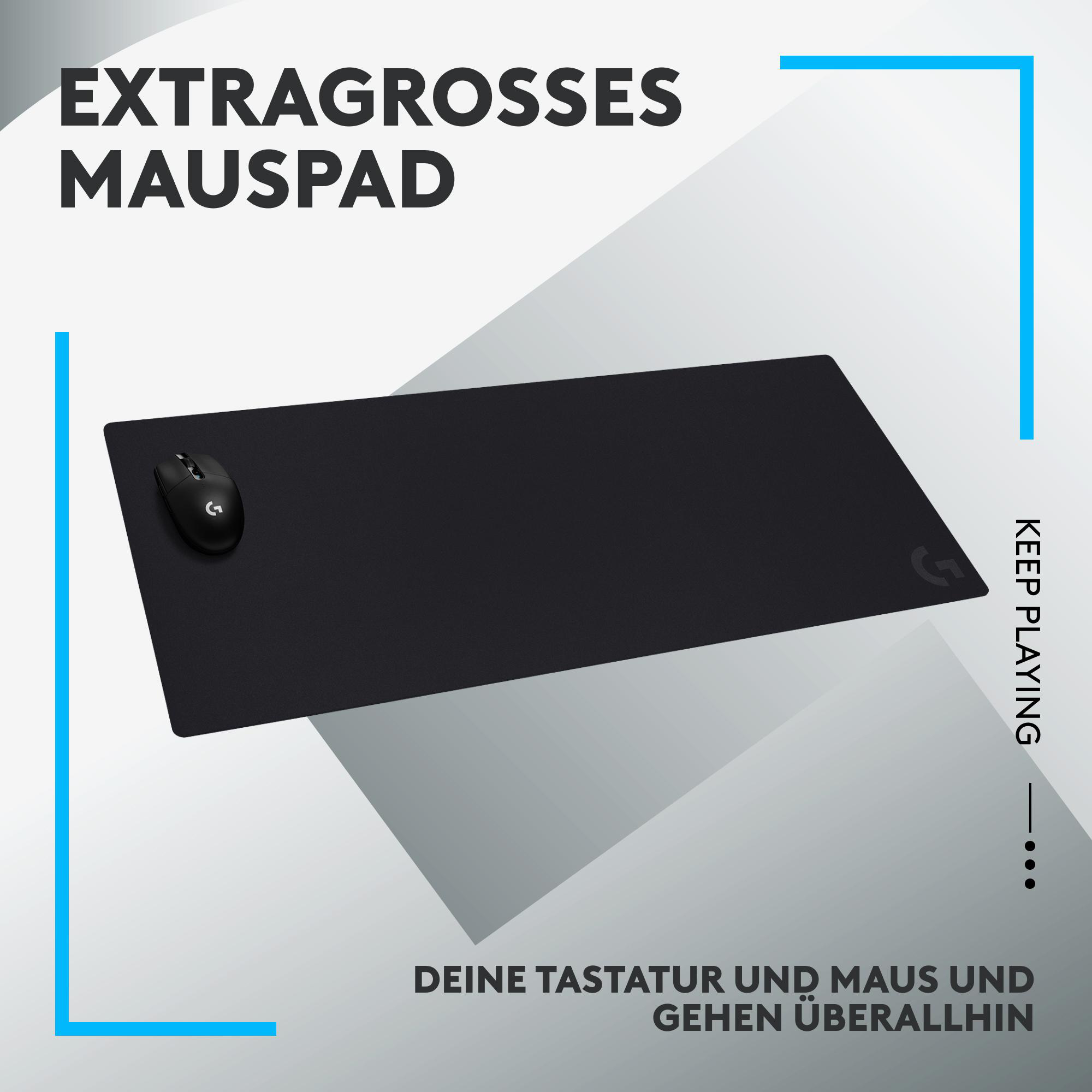 Schwarze Maus auf einem schwarzen Mauspad mit dem Text: EXTRAGROSSES MAUSPAD.