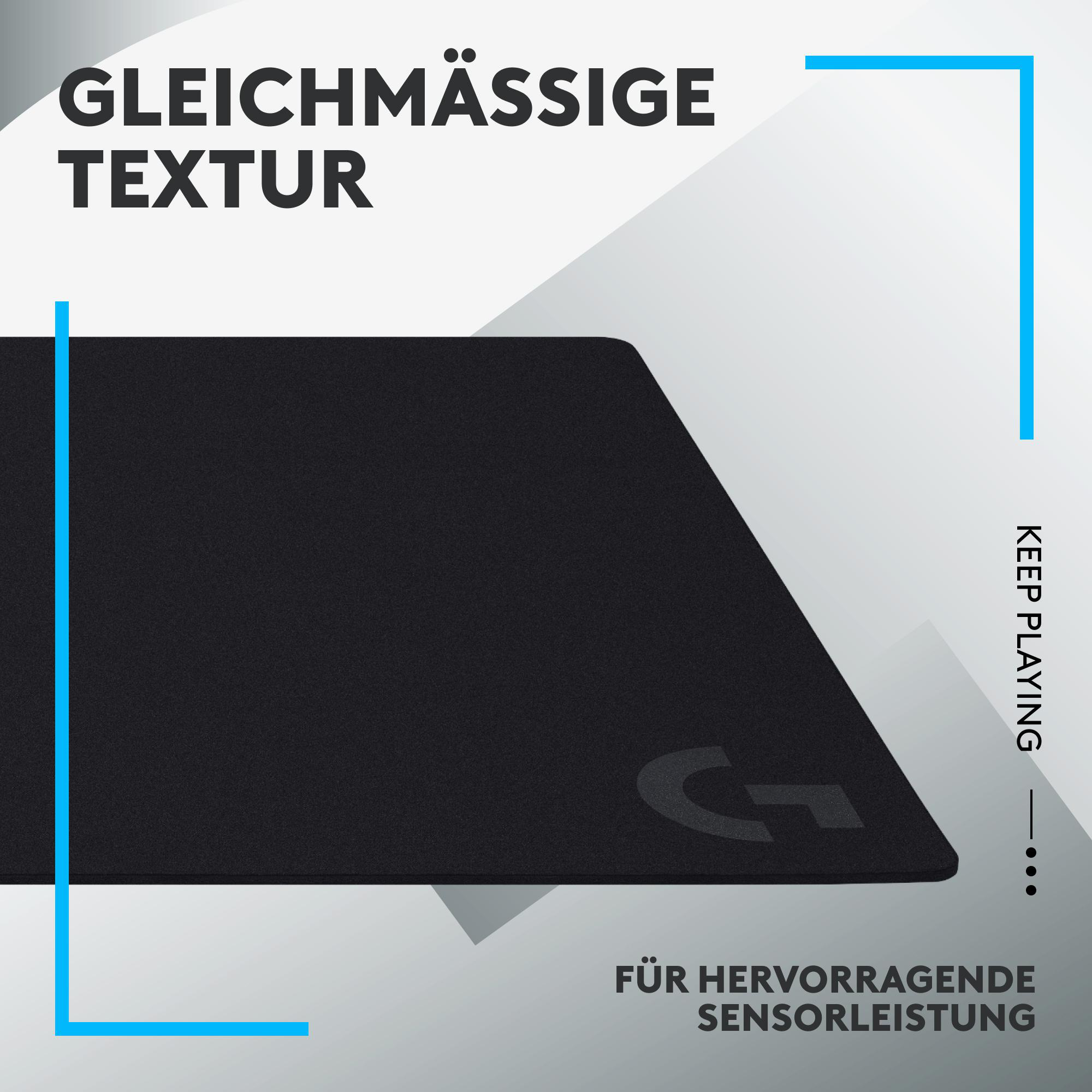 Schwarzes Mauspad mit schwarzem Logo und Text. Weißer und blauer Rahmen.