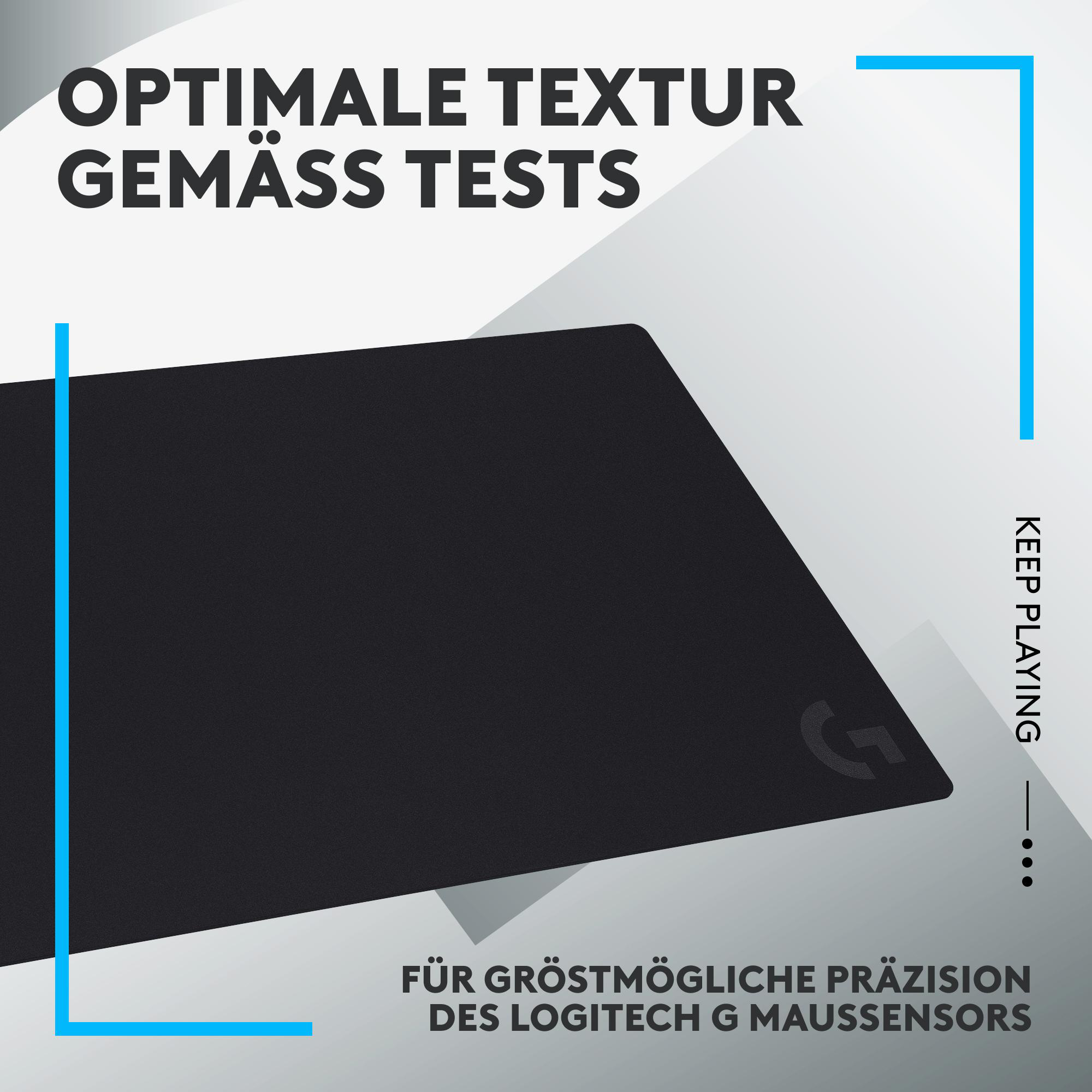 Schwarzes Mauspad mit deutschem Text und Logitech-Logo, blauer Rahmen.