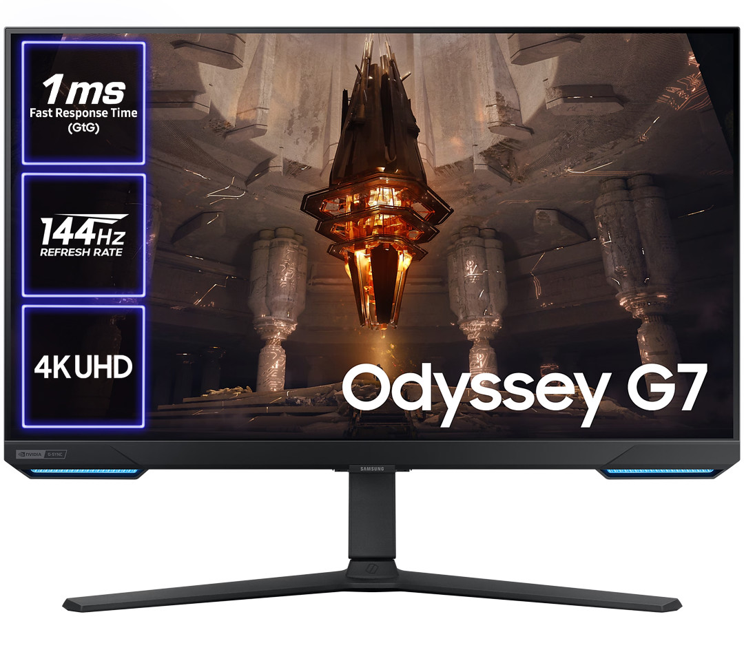 Monitor Samsung Odyssey G7 z tekstem i grafiką na ekranie, czarna ramka, czarna podstawa.