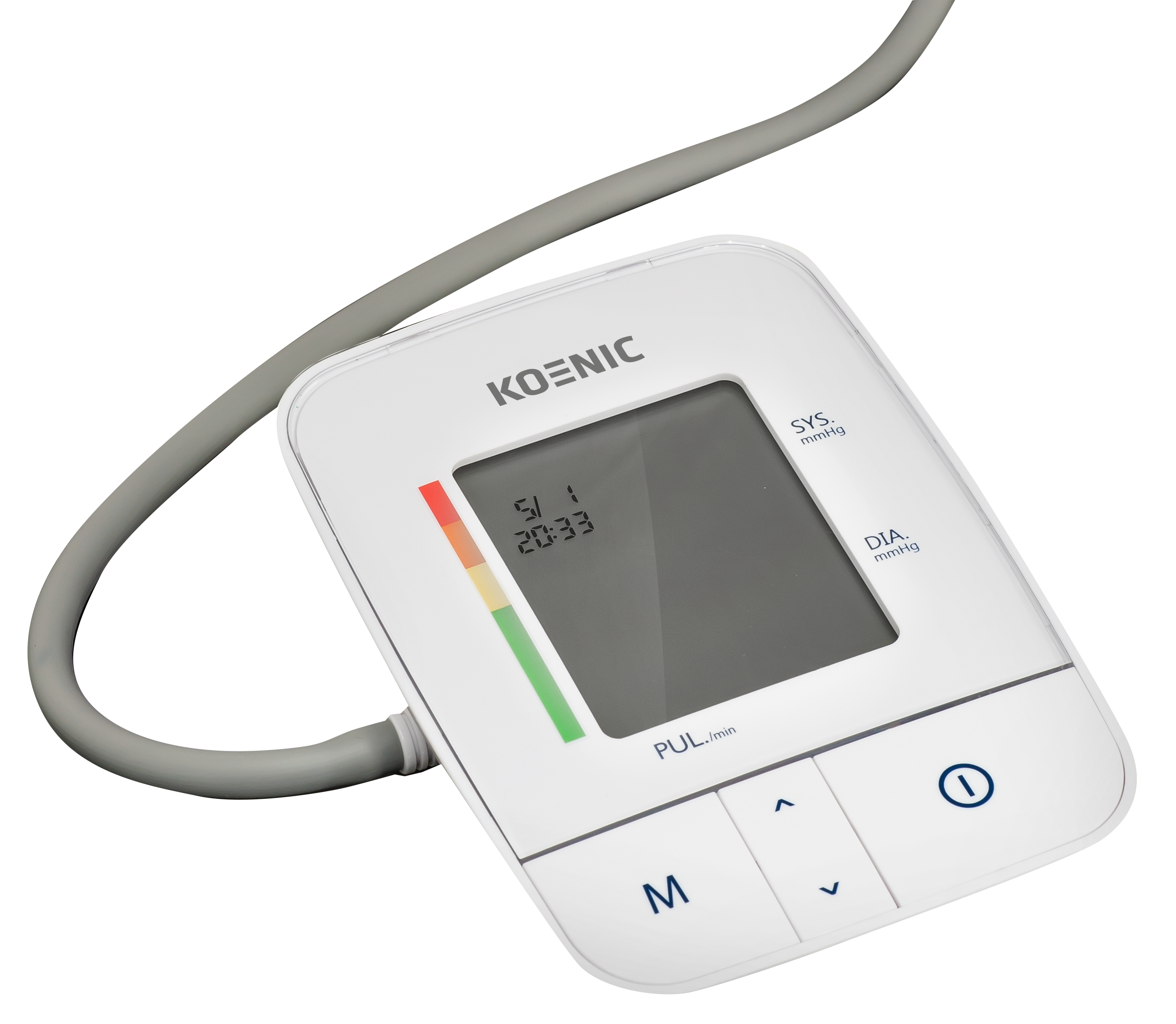 Ein weißes Blutdruckmessgerät mit Display und Knöpfen, graues Kabel befestigt.